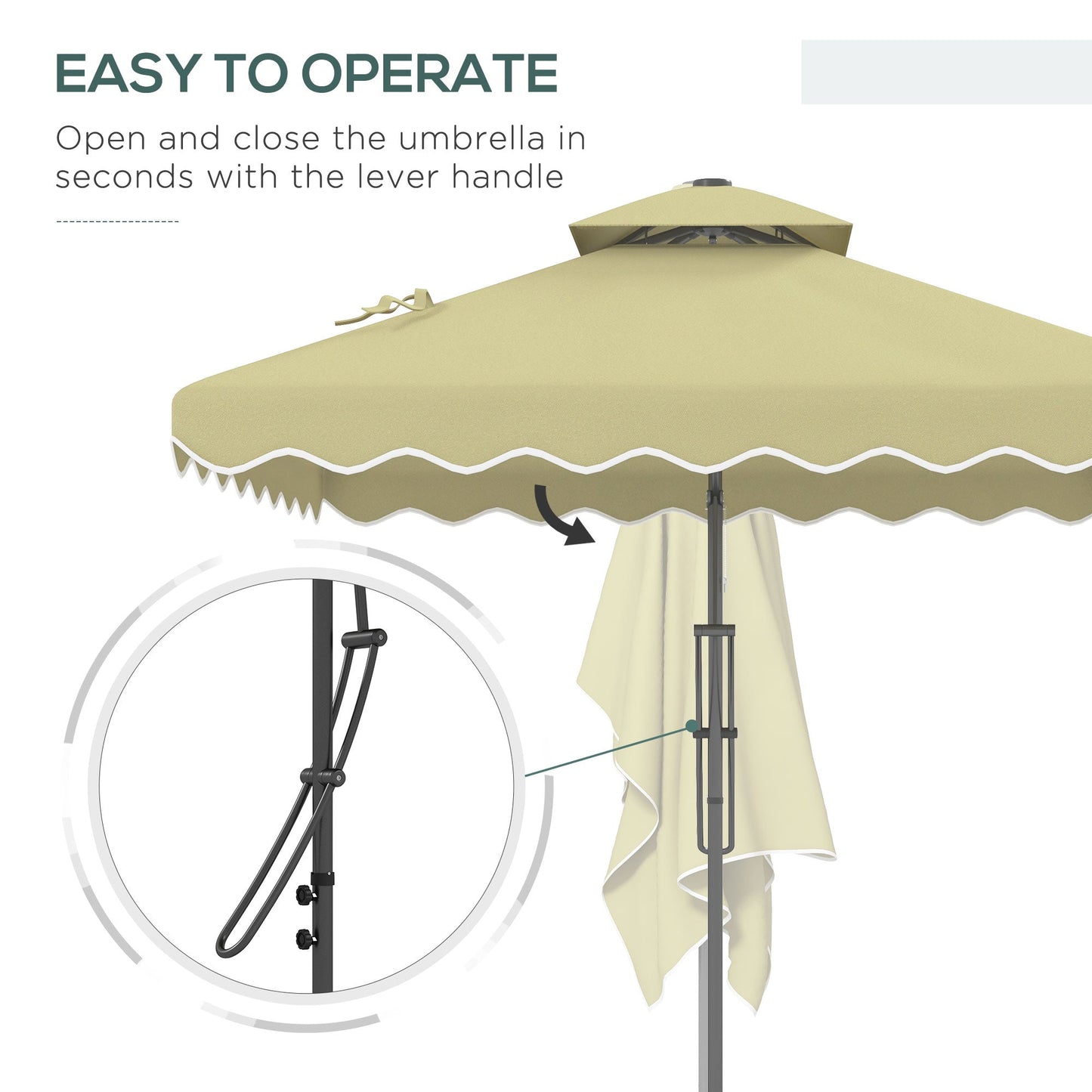 2.5m Cantilever Parasol with Easy Lever, Square Double Top Garden Parasol Umbrella with Ruffles and Cross Base, Overhanging Outdoor Sun Shades, Beige