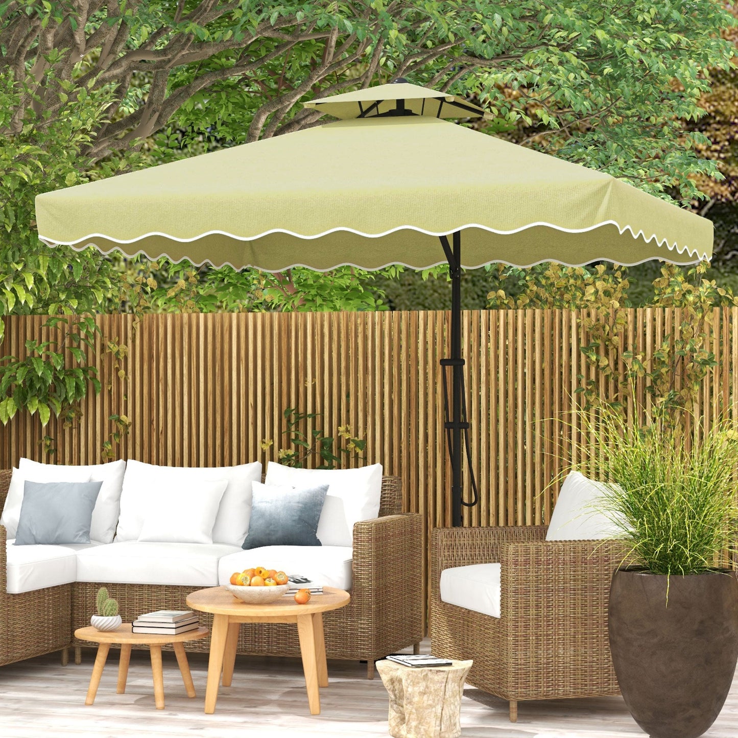 2.5m Cantilever Parasol with Easy Lever, Square Double Top Garden Parasol Umbrella with Ruffles and Cross Base, Overhanging Outdoor Sun Shades, Beige