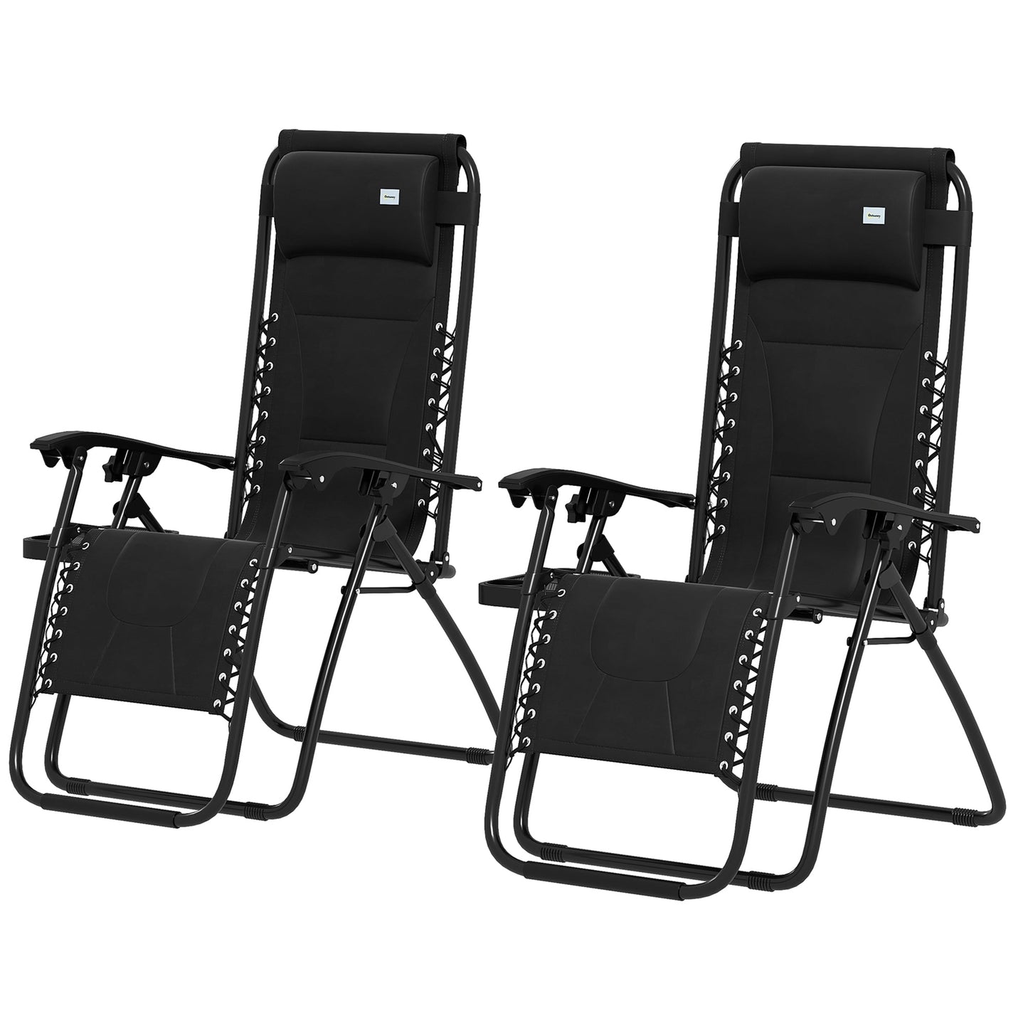 Zero Gravity Lounger Chair Set of 2, Folding Reclining Patio Chair with Padded Seat, Cup Holder, Soft Cushion and Headrest for Poolside, Camping, Black