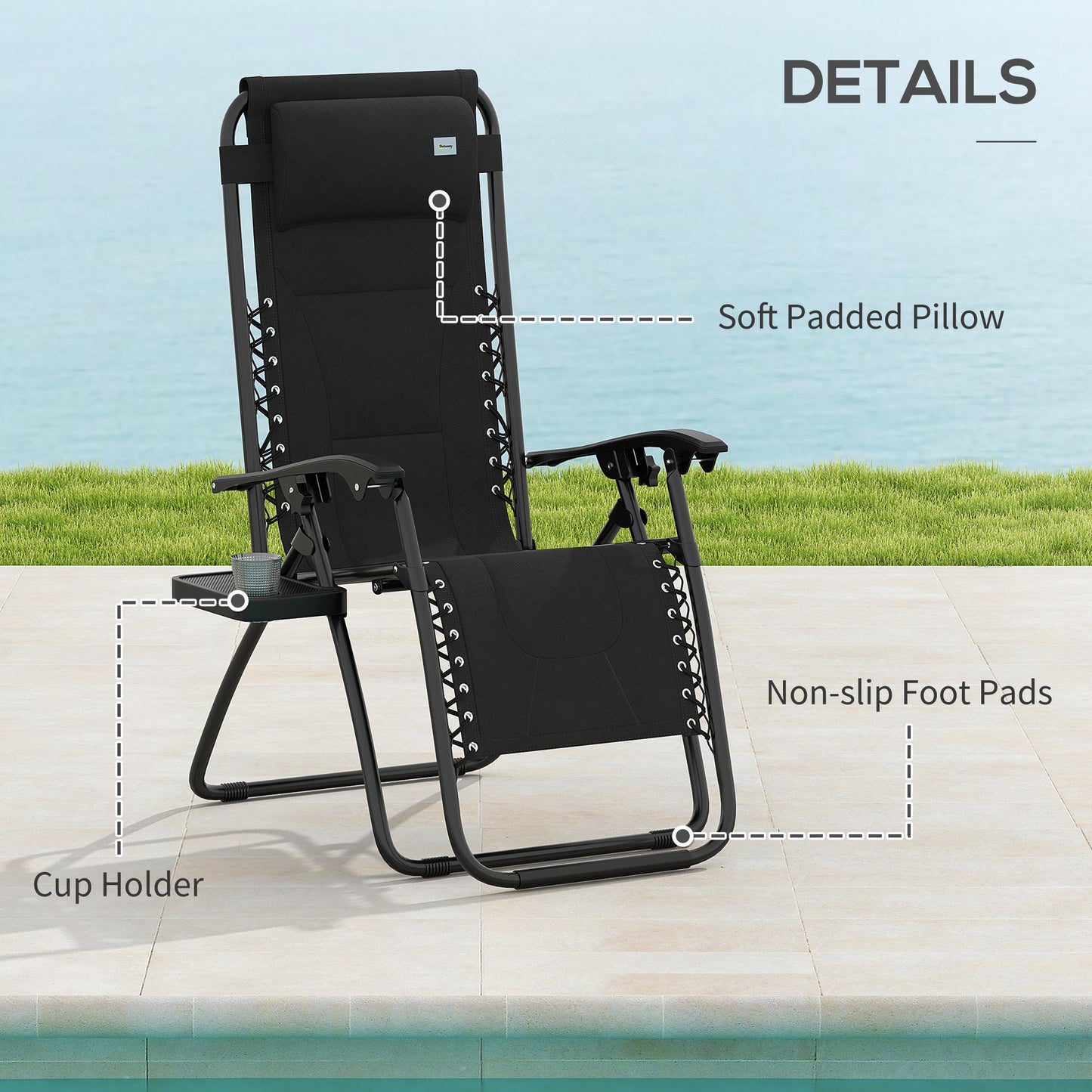 Zero Gravity Lounger Chair Set of 2, Folding Reclining Patio Chair with Padded Seat, Cup Holder, Soft Cushion and Headrest for Poolside, Camping, Black