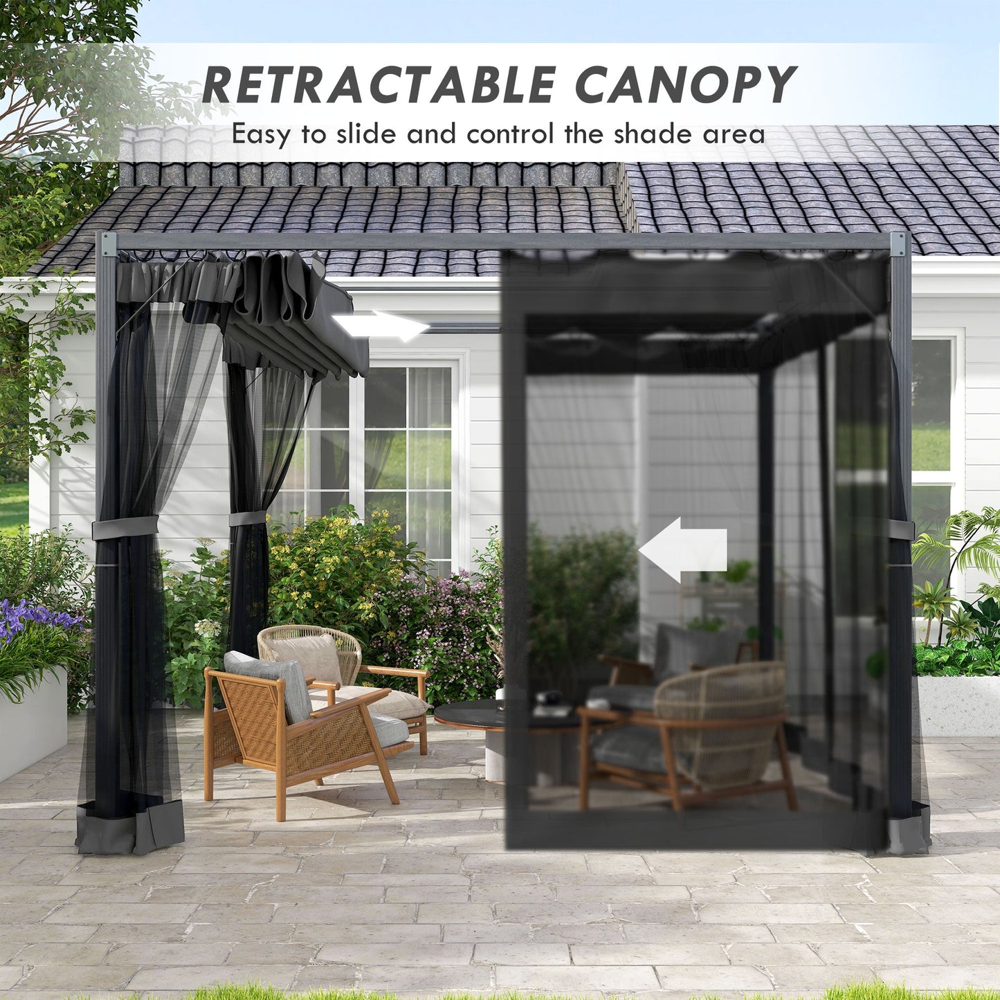 3 x 3 m Pergola with Retractable Roof Canopy and Netting Sidewalls, Aluminium Frame Garden Gazebo Outdoor Sun Shade Shelter for Grill, Patio, Deck, Dark Grey