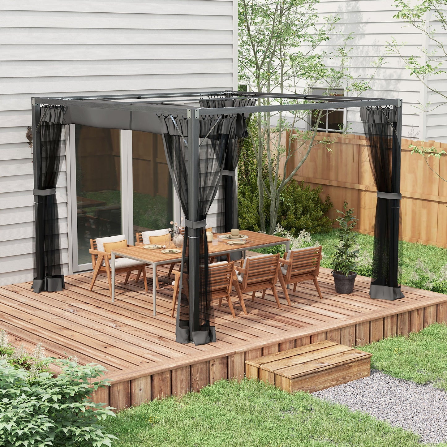 3 x 3 m Pergola with Retractable Roof Canopy and Netting Sidewalls, Aluminium Frame Garden Gazebo Outdoor Sun Shade Shelter for Grill, Patio, Deck, Dark Grey