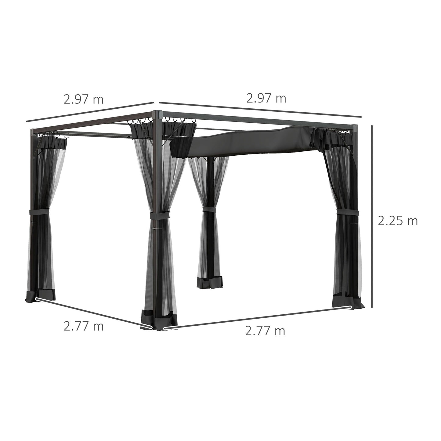 3 x 3 m Pergola with Retractable Roof Canopy and Netting Sidewalls, Aluminium Frame Garden Gazebo Outdoor Sun Shade Shelter for Grill, Patio, Deck, Dark Grey
