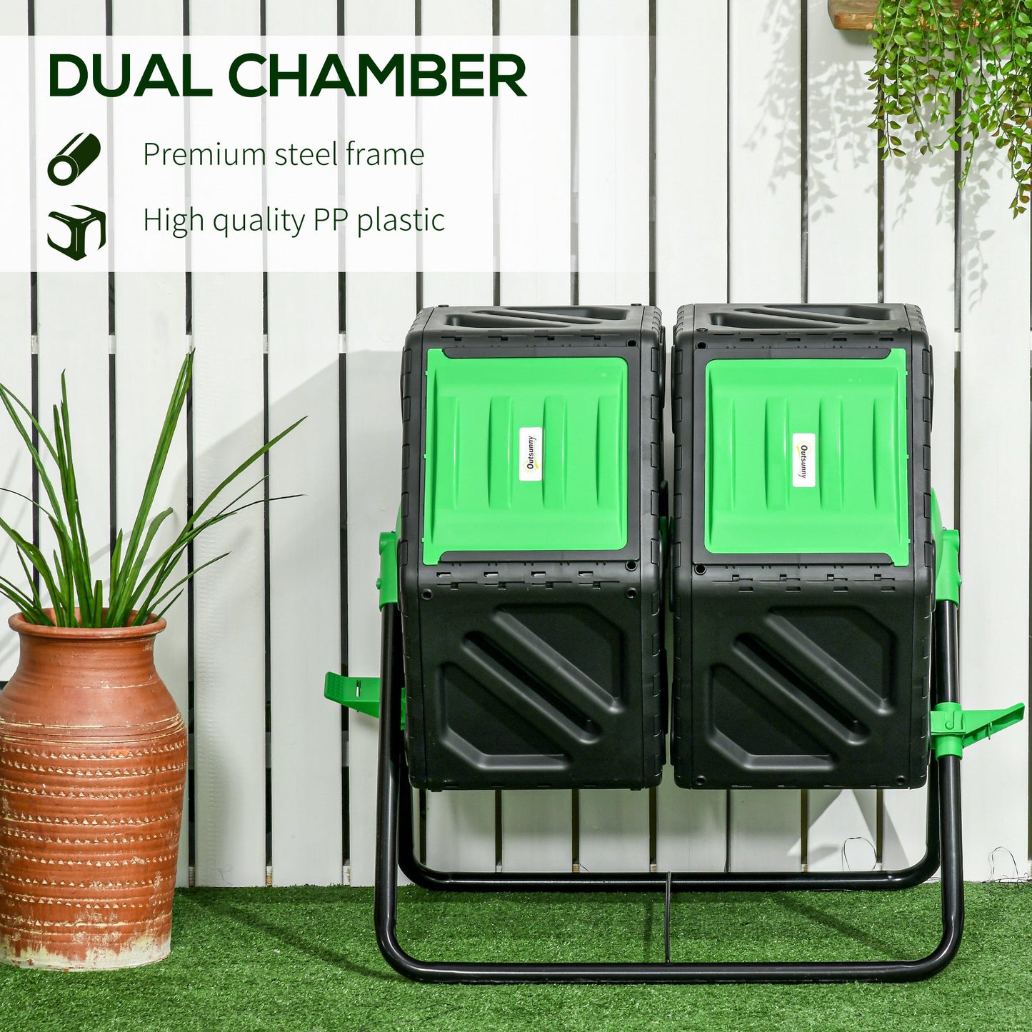 Dual Chamber Garden Compost Bin, 130L Rotating Composter, Compost Maker with Ventilation Openings and Steel Legs, Green and Black