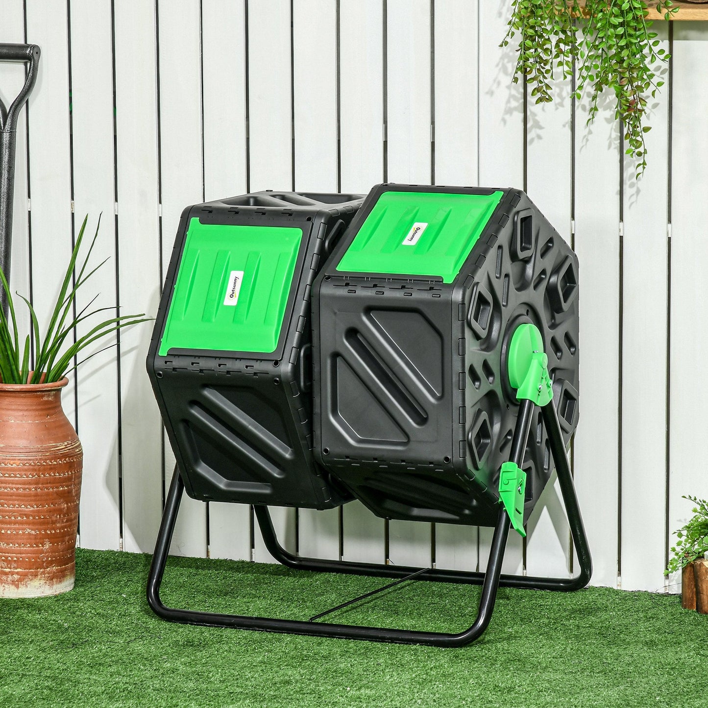 Dual Chamber Garden Compost Bin, 130L Rotating Composter, Compost Maker with Ventilation Openings and Steel Legs, Green and Black