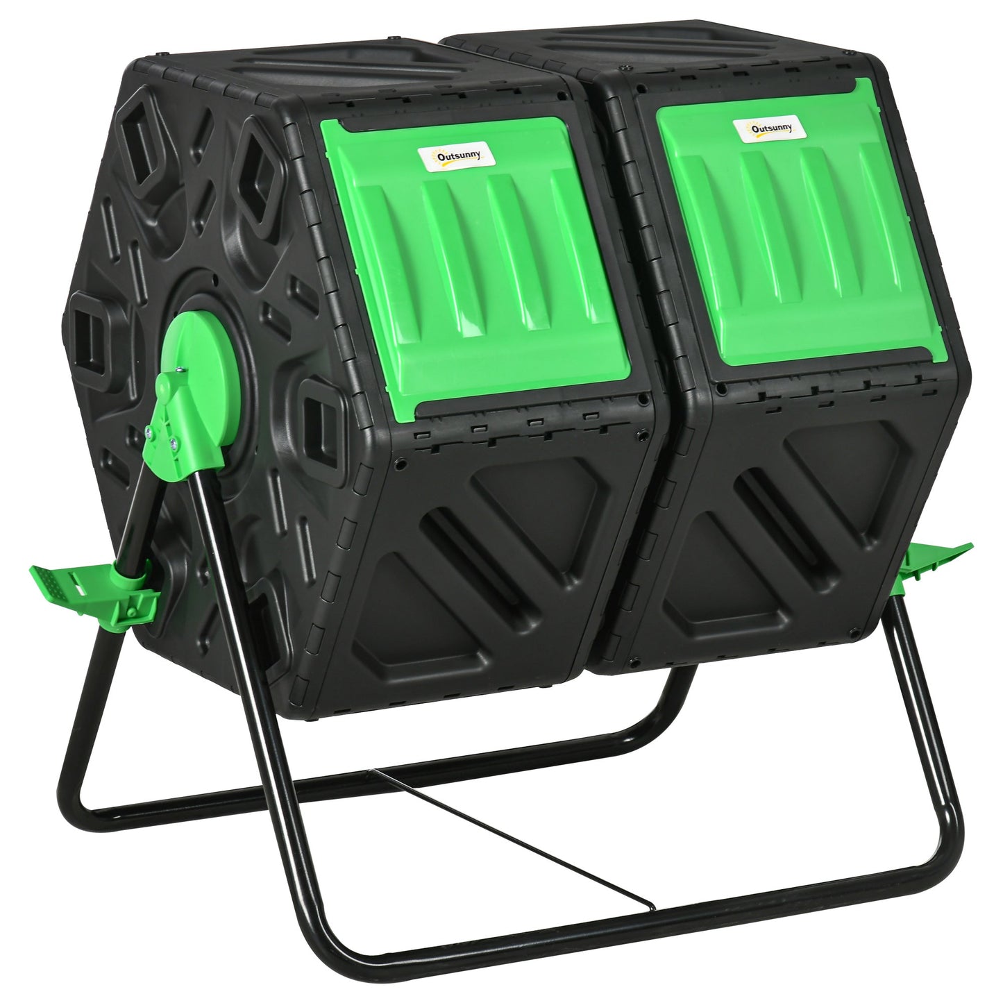 Dual Chamber Garden Compost Bin, 130L Rotating Composter, Compost Maker with Ventilation Openings and Steel Legs, Green and Black