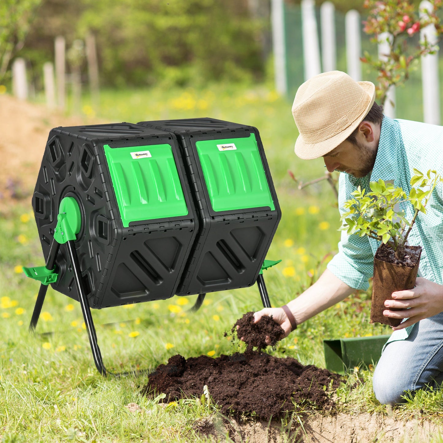 Dual Chamber Garden Compost Bin, 130L Rotating Composter, Compost Maker with Ventilation Openings and Steel Legs, Green and Black