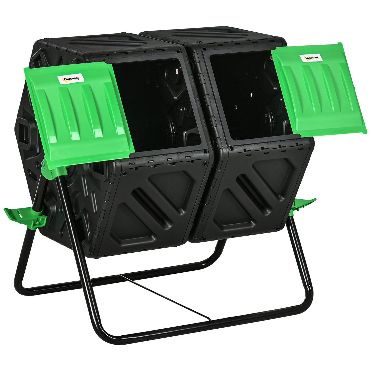 Dual Chamber Garden Compost Bin, 130L Rotating Composter, Compost Maker with Ventilation Openings and Steel Legs, Green and Black