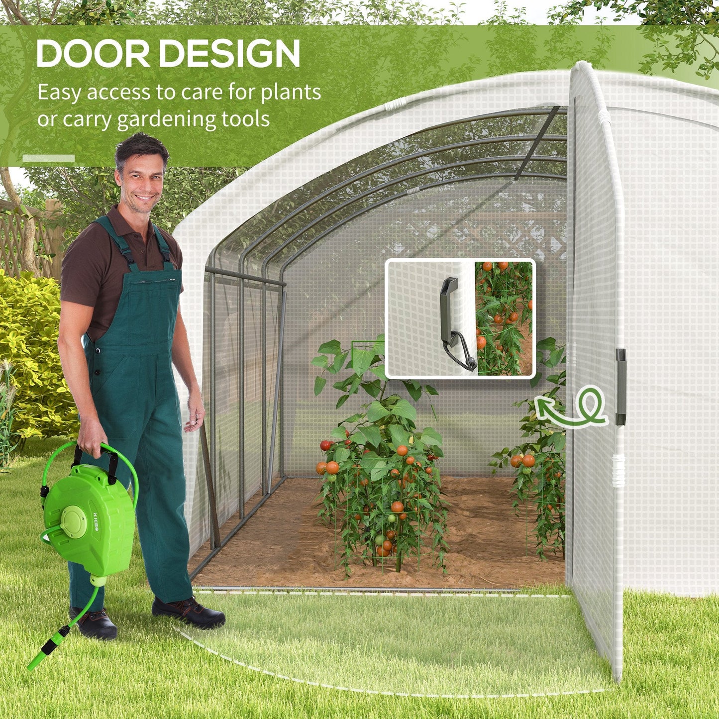 4 x 3 x 2m Polytunnel Greenhouse with Hinged Door, Walk-in Grow House Tent with UV-resistant PE Cover, Galvanised Steel Frame, Clamps, White