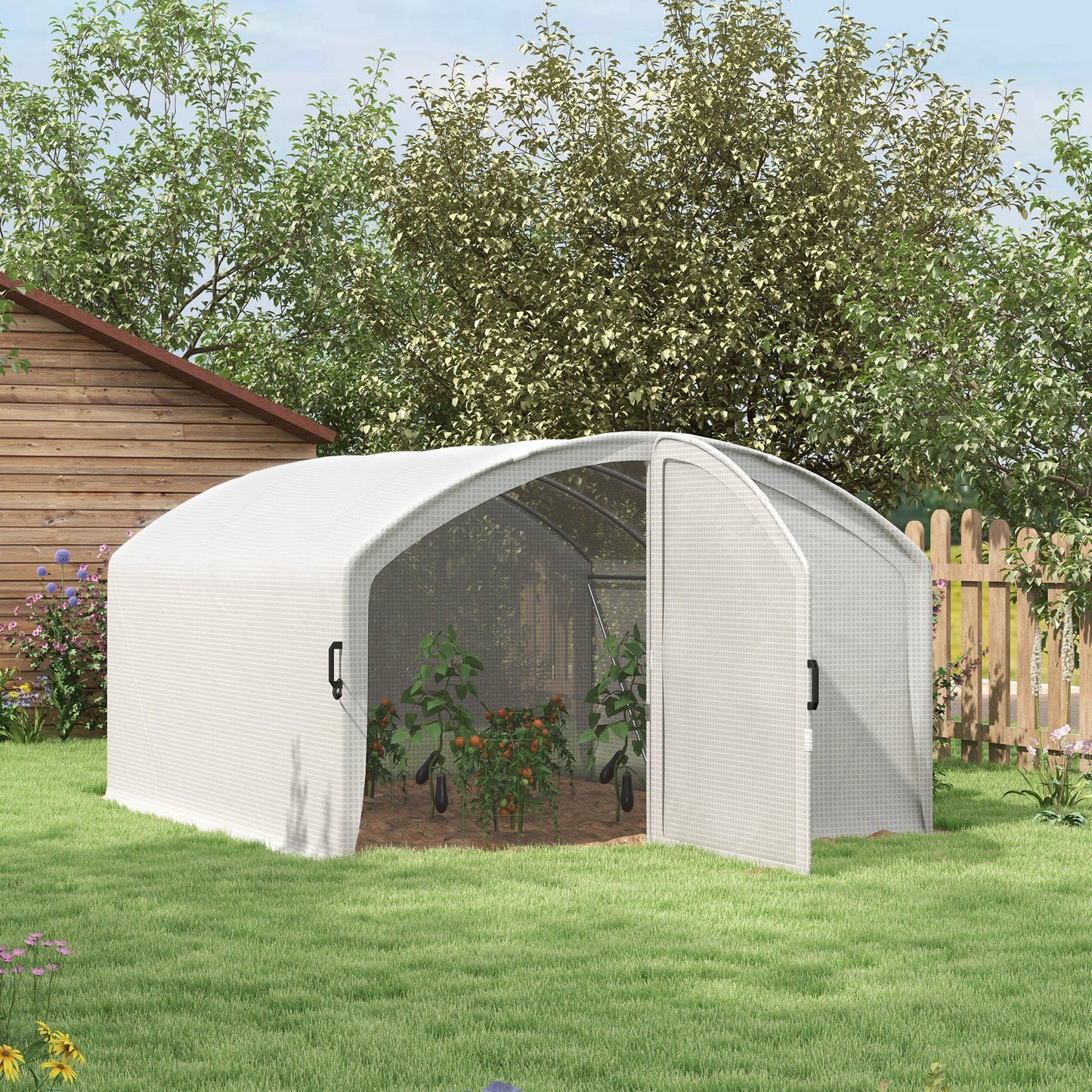 4 x 3 x 2m Polytunnel Greenhouse with Hinged Door, Walk-in Grow House Tent with UV-resistant PE Cover, Galvanised Steel Frame, Clamps, White