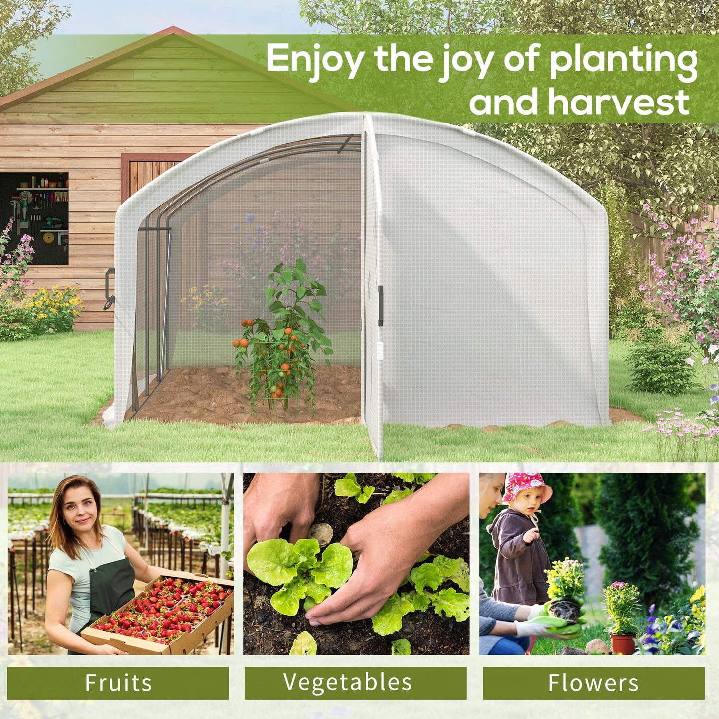 4 x 3 x 2m Polytunnel Greenhouse with Hinged Door, Walk-in Grow House Tent with UV-resistant PE Cover, Galvanised Steel Frame, Clamps, White