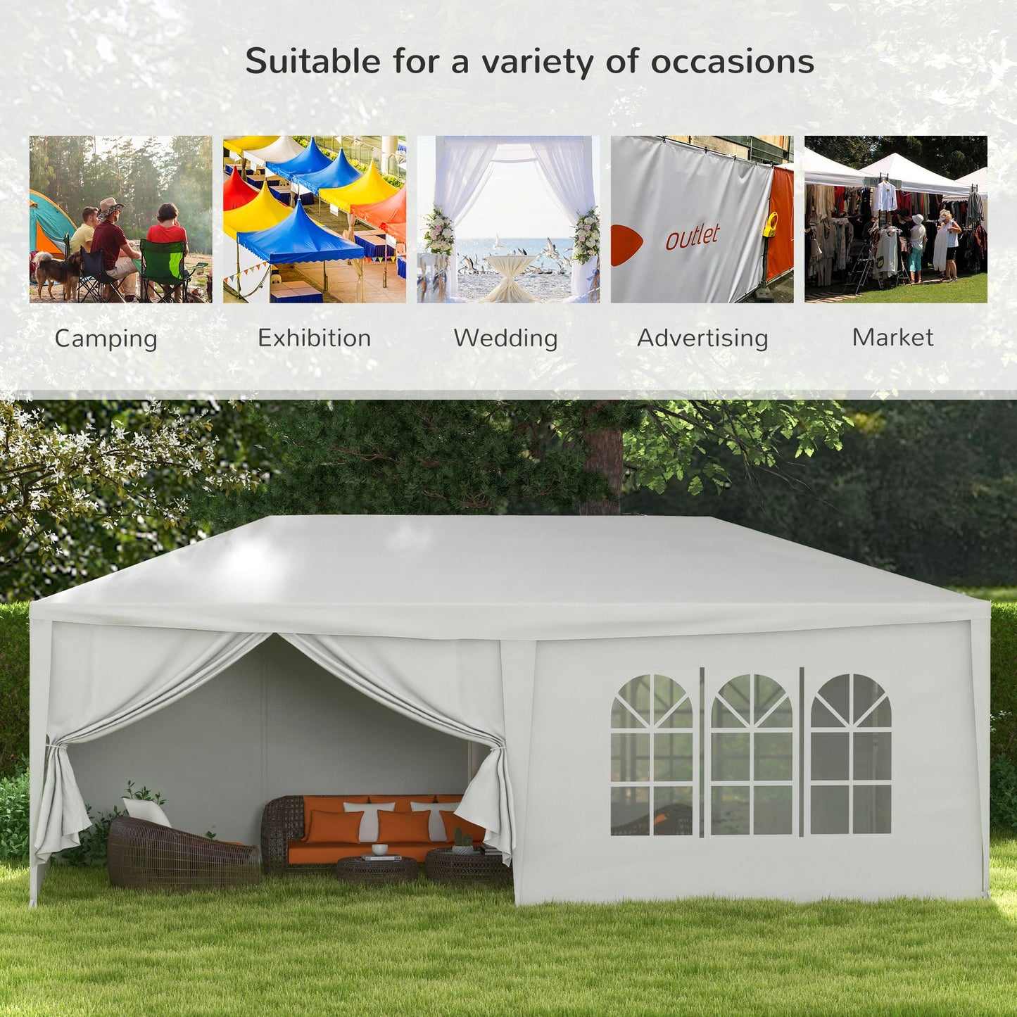 6 x 3(m) Gazebo Canopy Party Tent with 6 Removable Side Walls for Outdoor Event with Windows and Doors, White