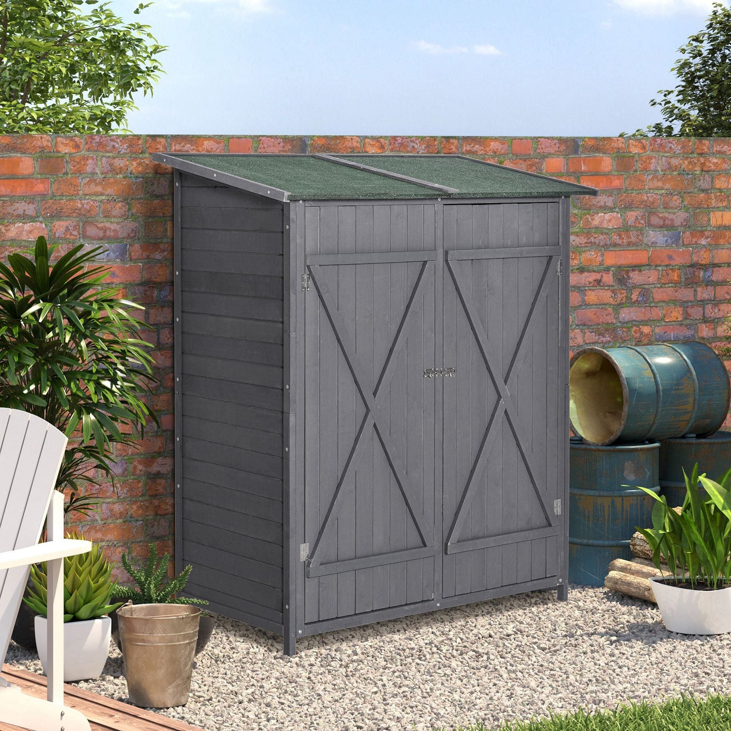 Small Shed, Wooden Garden Shed with Flexible Table, Hooks and Ground Nails, Lockable Tool Shed with Asphalt Roof, 140 x 75 x 157cm, Grey