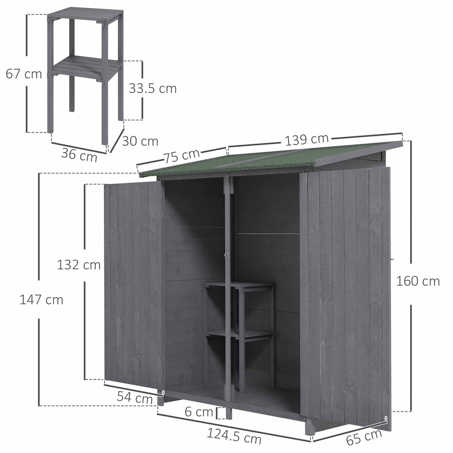 Small Shed, Wooden Garden Shed with Flexible Table, Hooks and Ground Nails, Lockable Tool Shed with Asphalt Roof, 140 x 75 x 157cm, Grey