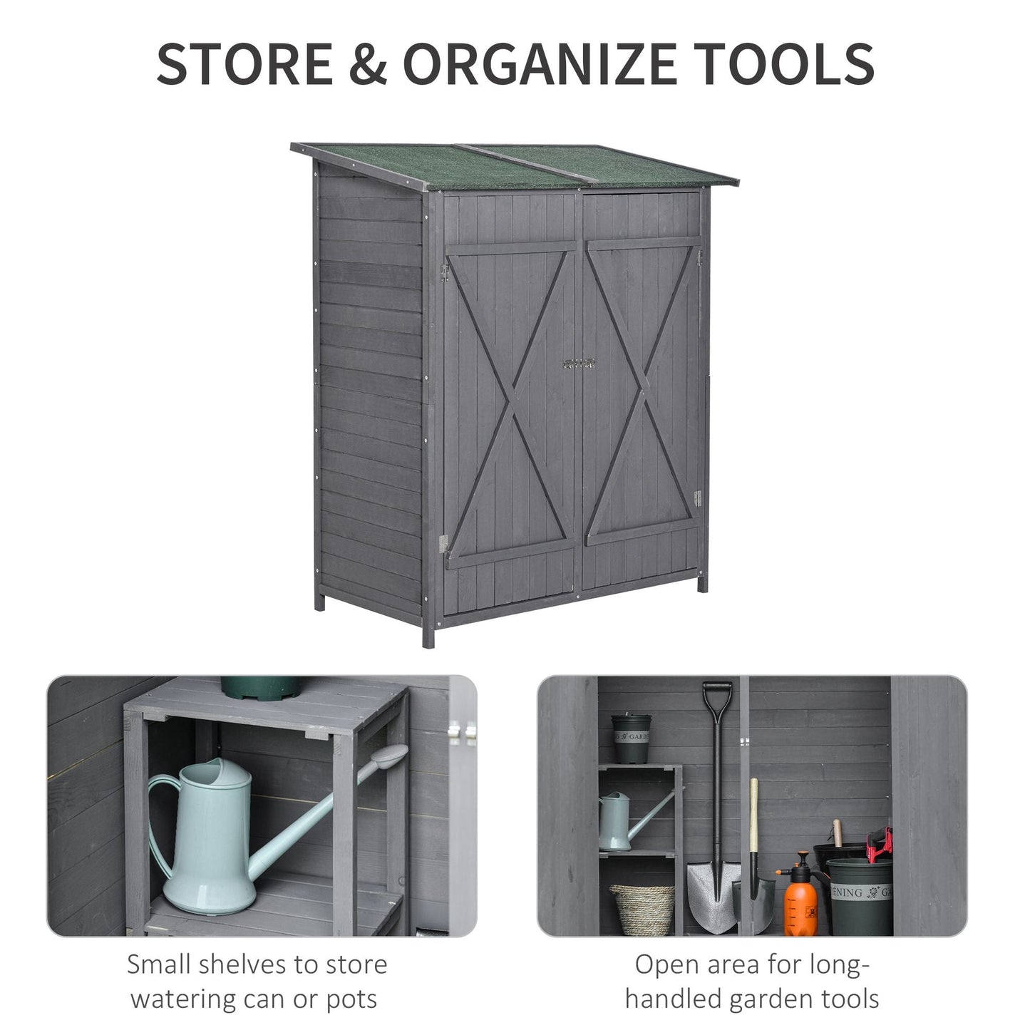 Small Shed, Wooden Garden Shed with Flexible Table, Hooks and Ground Nails, Lockable Tool Shed with Asphalt Roof, 140 x 75 x 157cm, Grey