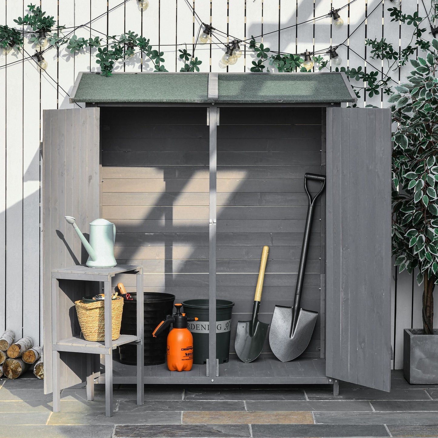 Small Shed, Wooden Garden Shed with Flexible Table, Hooks and Ground Nails, Lockable Tool Shed with Asphalt Roof, 140 x 75 x 157cm, Grey