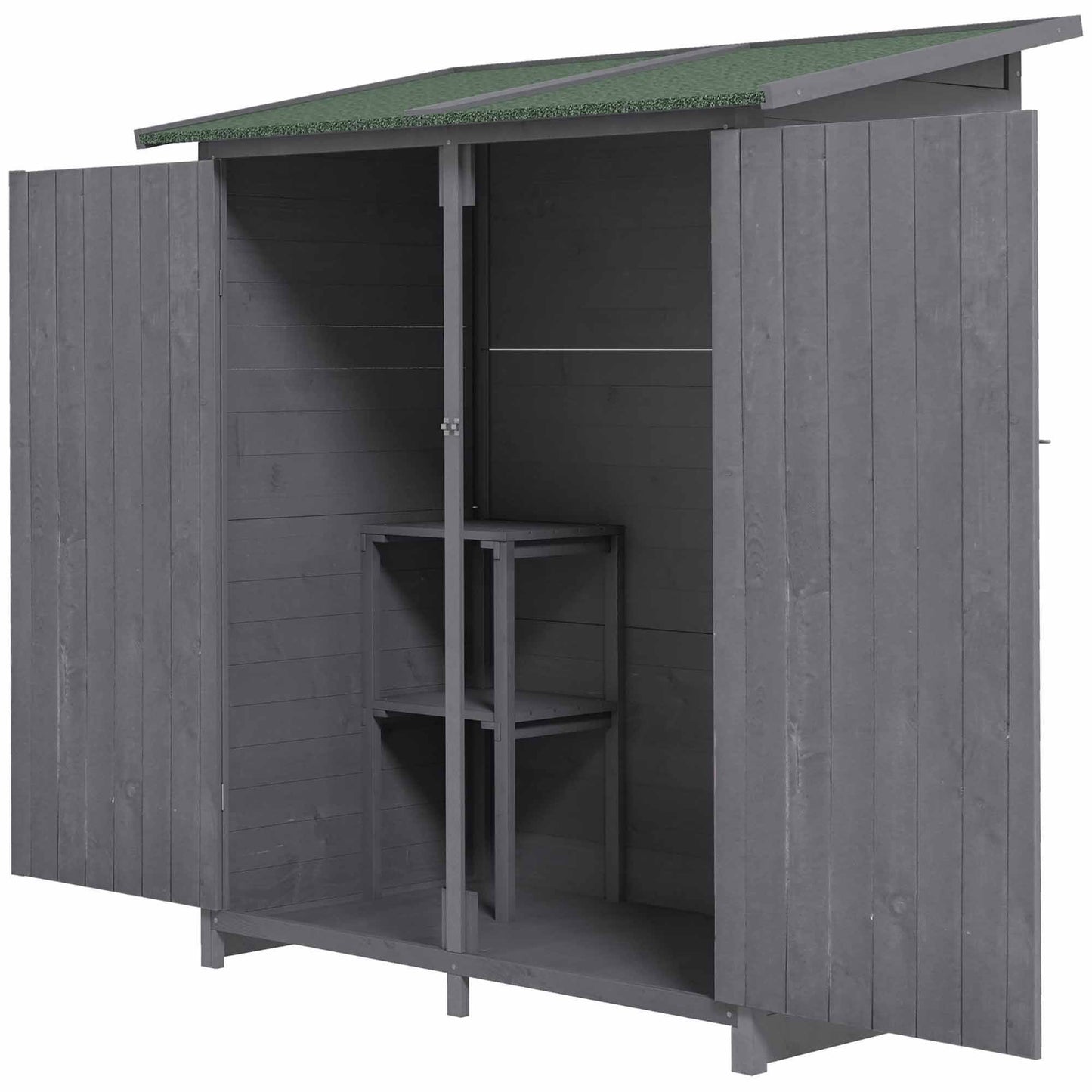 Small Shed, Wooden Garden Shed with Flexible Table, Hooks and Ground Nails, Lockable Tool Shed with Asphalt Roof, 140 x 75 x 157cm, Grey