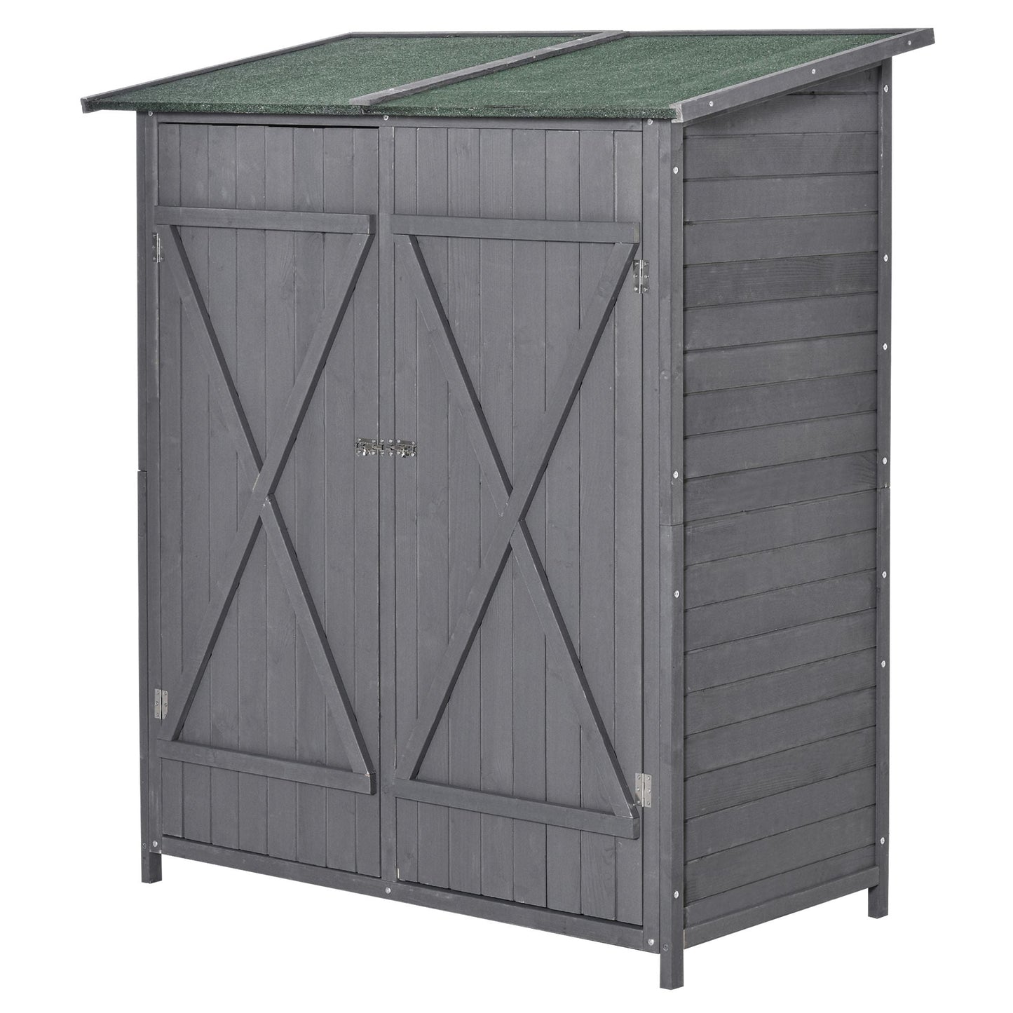 Small Shed, Wooden Garden Shed with Flexible Table, Hooks and Ground Nails, Lockable Tool Shed with Asphalt Roof, 140 x 75 x 157cm, Grey