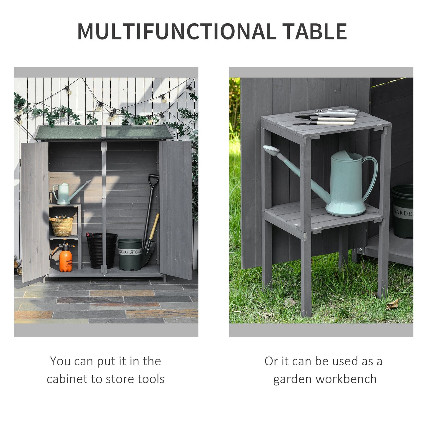Small Shed, Wooden Garden Shed with Flexible Table, Hooks and Ground Nails, Lockable Tool Shed with Asphalt Roof, 140 x 75 x 157cm, Grey