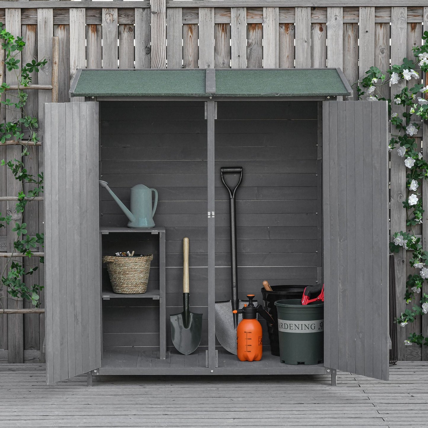 Small Shed, Wooden Garden Shed with Flexible Table, Hooks and Ground Nails, Lockable Tool Shed with Asphalt Roof, 140 x 75 x 157cm, Grey