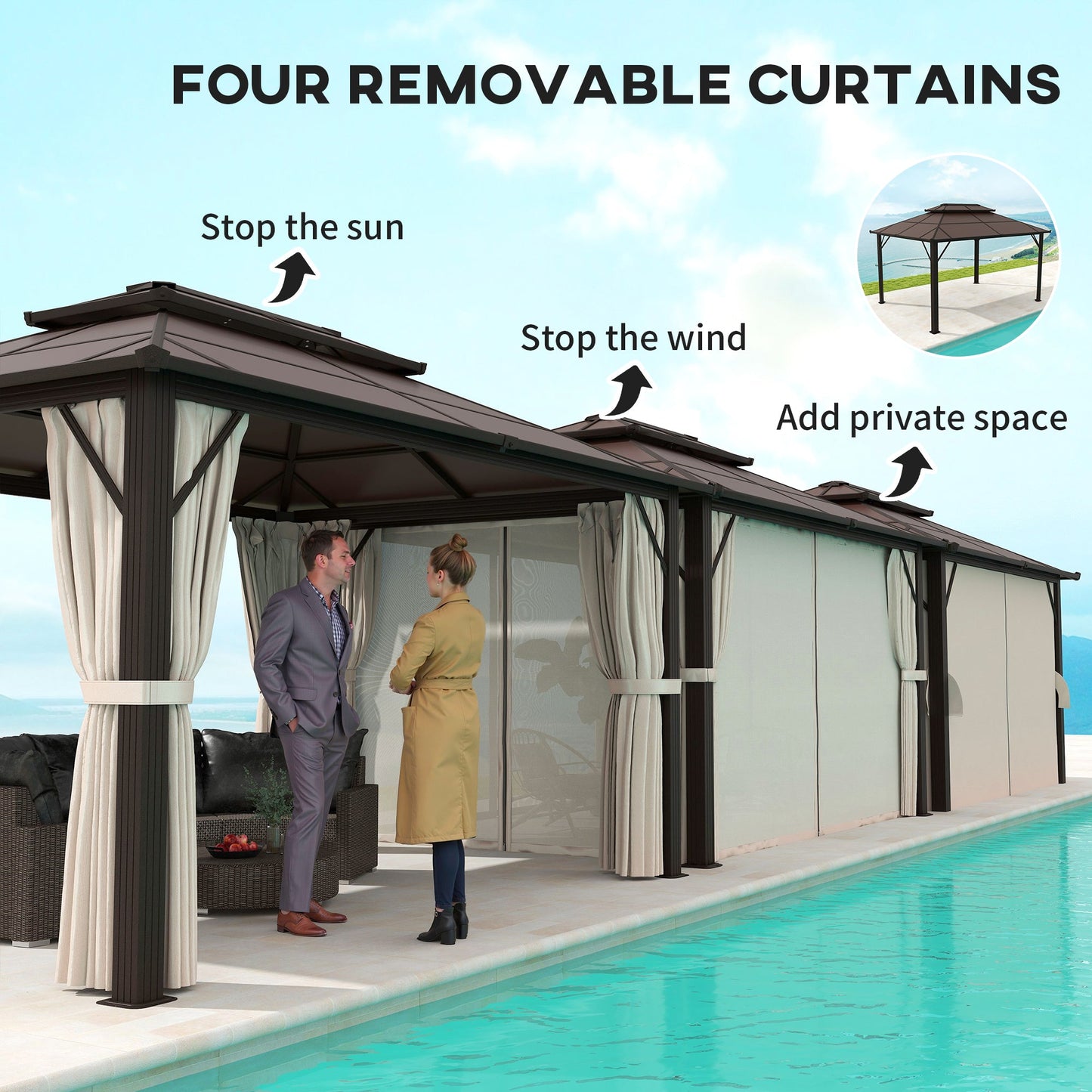 3 x 4m Hardtop Gazebo Canopy with UPF30+ Double Polycarbonate Roof, Aluminium Frame Garden Gazebo Permanent Pavilion with Mosquito Netting and Curtains for Patio, Deck, Beige