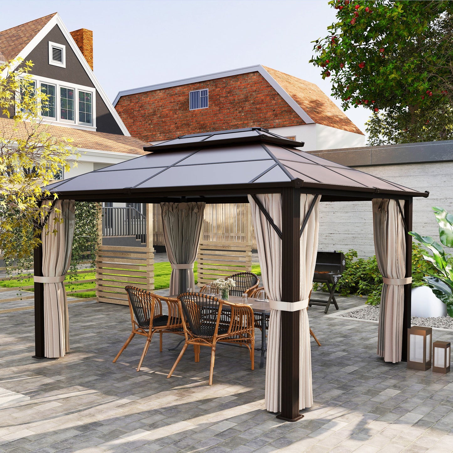 3 x 4m Hardtop Gazebo Canopy with UPF30+ Double Polycarbonate Roof, Aluminium Frame Garden Gazebo Permanent Pavilion with Mosquito Netting and Curtains for Patio, Deck, Beige