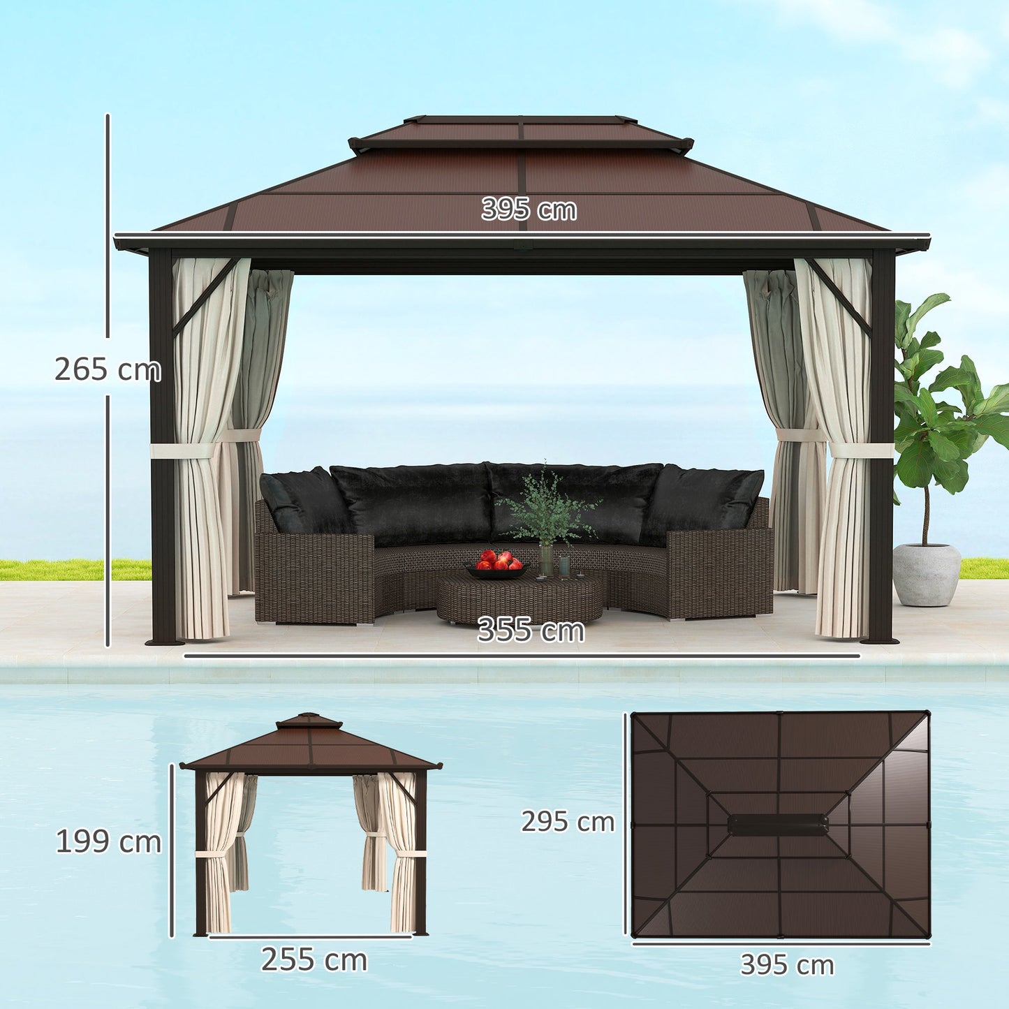 3 x 4m Hardtop Gazebo Canopy with UPF30+ Double Polycarbonate Roof, Aluminium Frame Garden Gazebo Permanent Pavilion with Mosquito Netting and Curtains for Patio, Deck, Beige