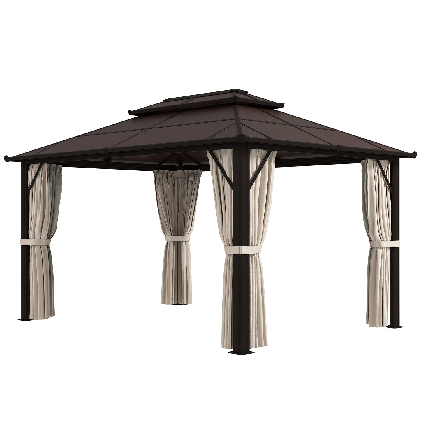 3 x 4m Hardtop Gazebo Canopy with UPF30+ Double Polycarbonate Roof, Aluminium Frame Garden Gazebo Permanent Pavilion with Mosquito Netting and Curtains for Patio, Deck, Beige