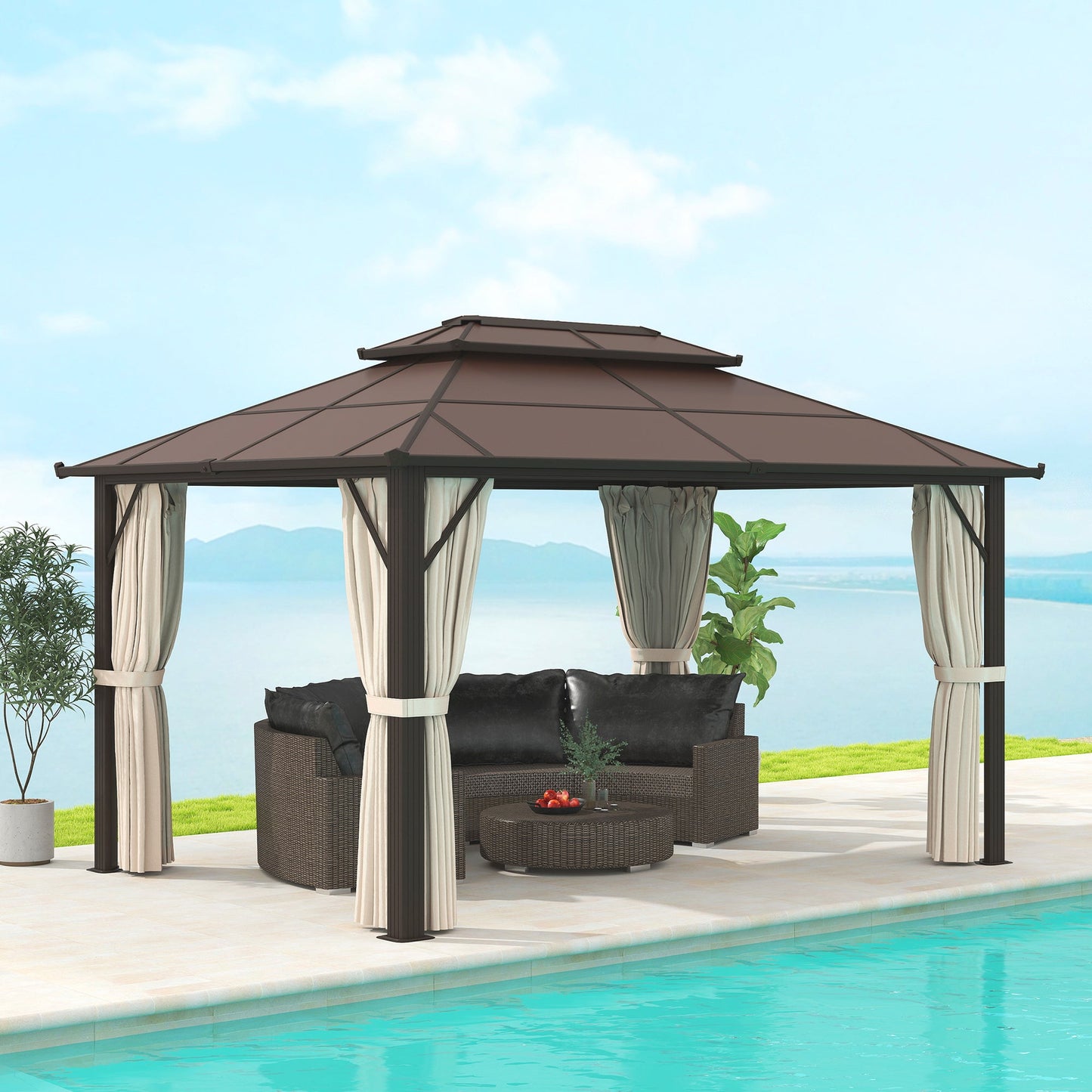 3 x 4m Hardtop Gazebo Canopy with UPF30+ Double Polycarbonate Roof, Aluminium Frame Garden Gazebo Permanent Pavilion with Mosquito Netting and Curtains for Patio, Deck, Beige