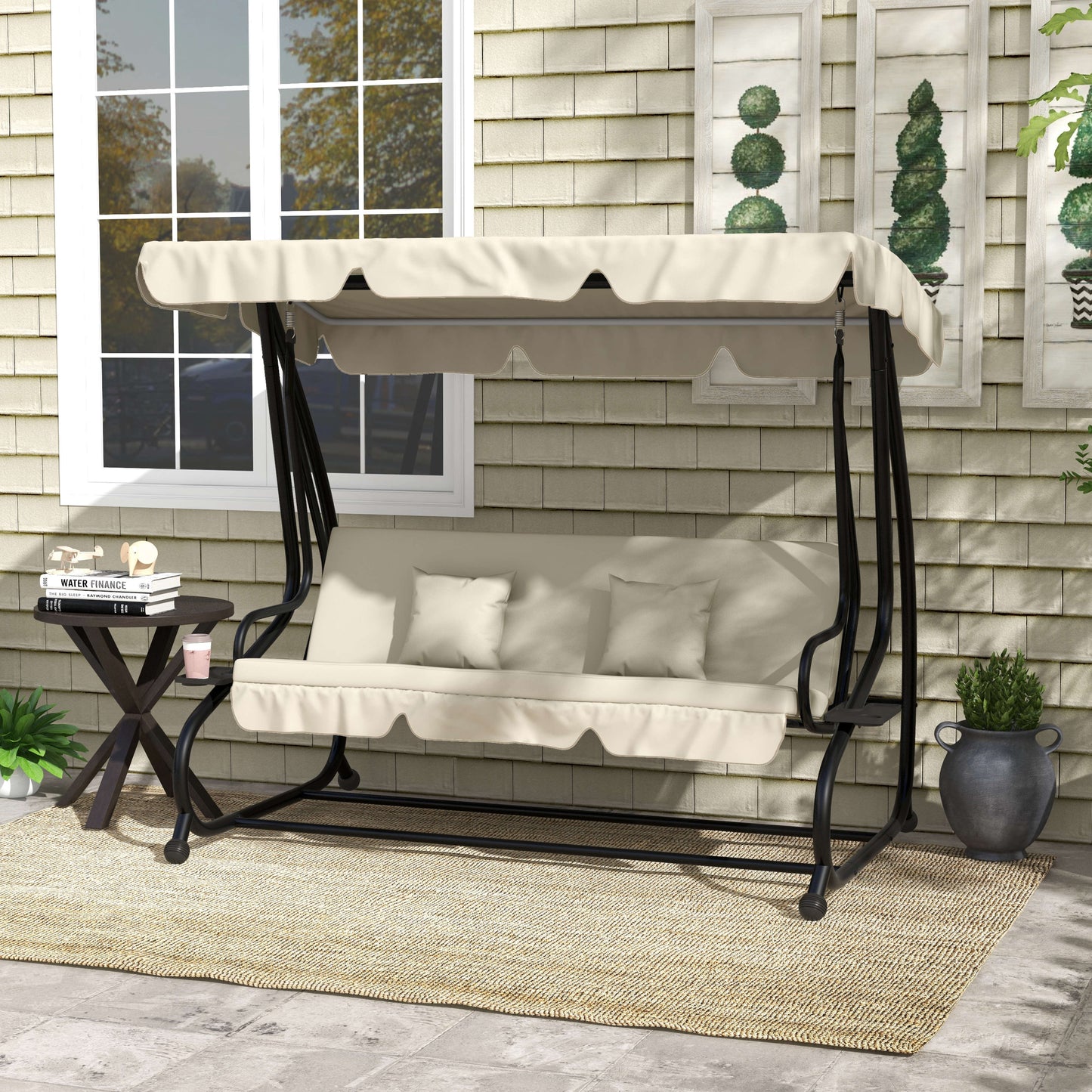 2-in-1 Garden Swing Seat Bed, 3 Seater Convertible Swing Chair Bench with Tilting Canopy, Cushioned Seat and 2 Pillows for Patio, Garden, Cream White