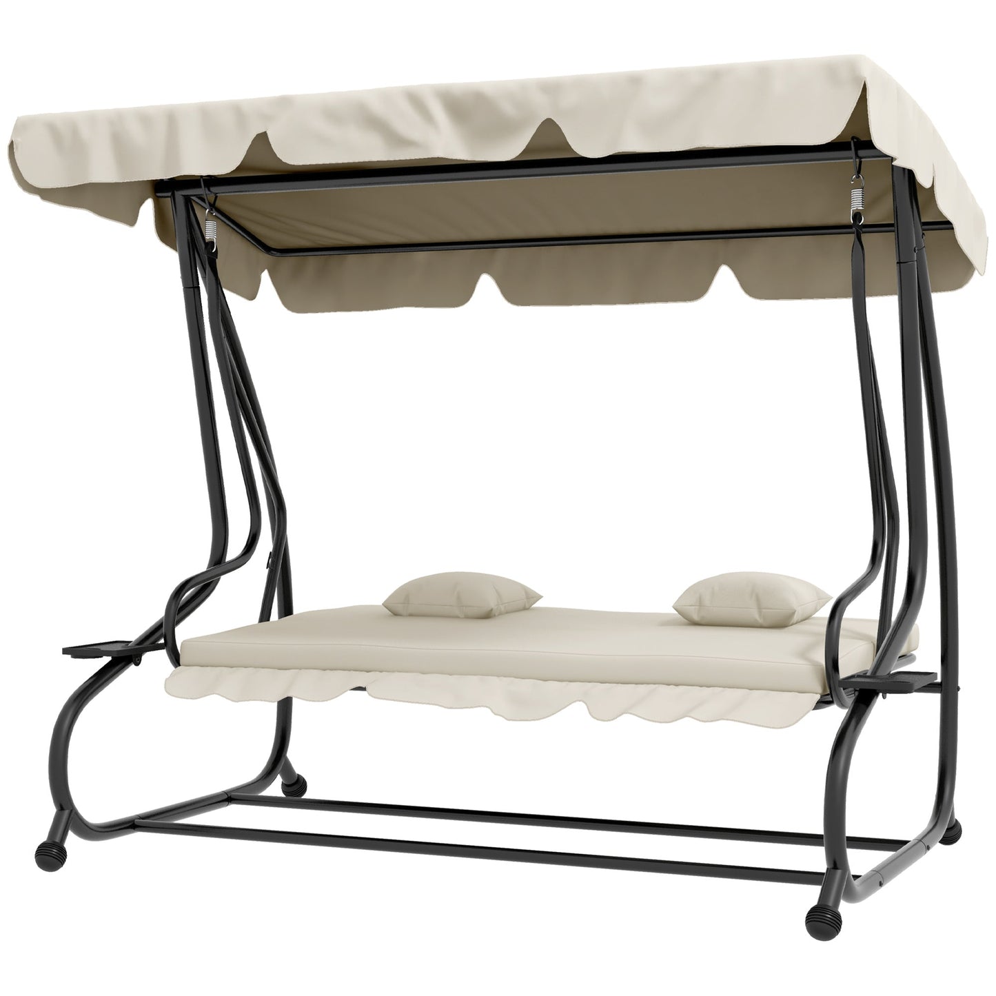 2-in-1 Garden Swing Seat Bed, 3 Seater Convertible Swing Chair Bench with Tilting Canopy, Cushioned Seat and 2 Pillows for Patio, Garden, Cream White