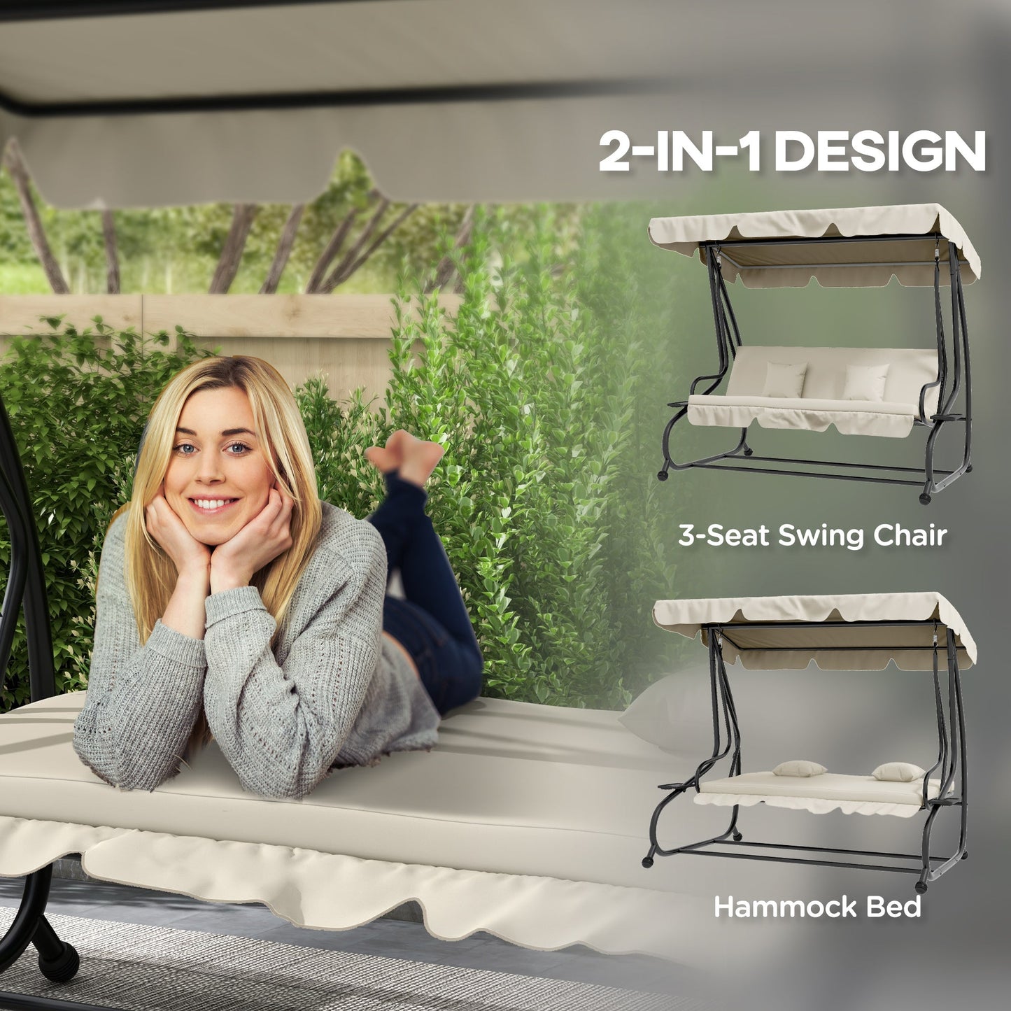 2-in-1 Garden Swing Seat Bed, 3 Seater Convertible Swing Chair Bench with Tilting Canopy, Cushioned Seat and 2 Pillows for Patio, Garden, Cream White