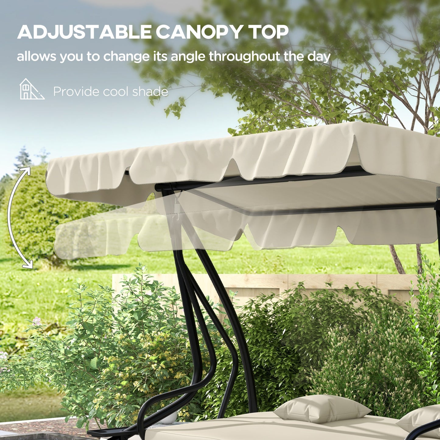 2-in-1 Garden Swing Seat Bed, 3 Seater Convertible Swing Chair Bench with Tilting Canopy, Cushioned Seat and 2 Pillows for Patio, Garden, Cream White