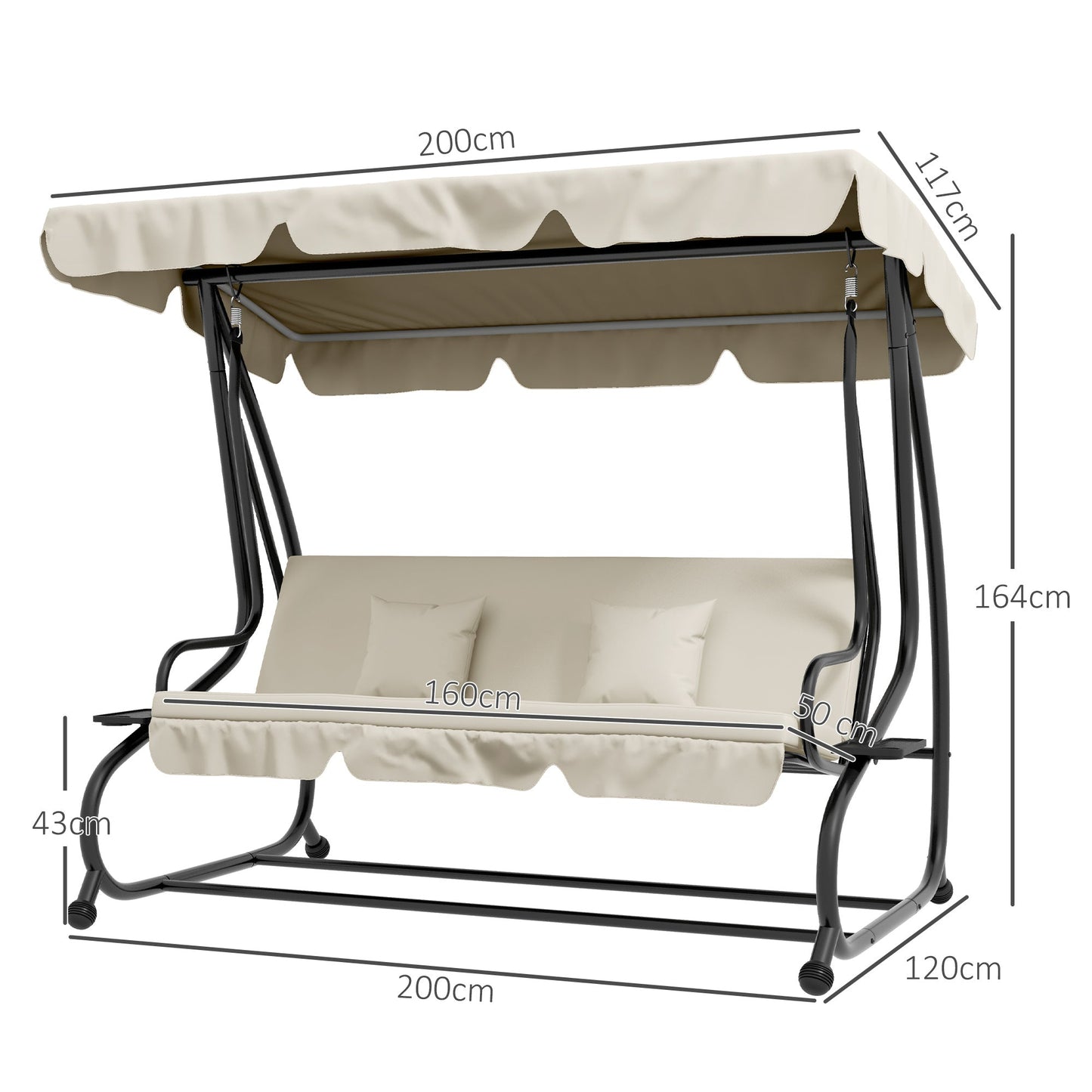 2-in-1 Garden Swing Seat Bed, 3 Seater Convertible Swing Chair Bench with Tilting Canopy, Cushioned Seat and 2 Pillows for Patio, Garden, Cream White