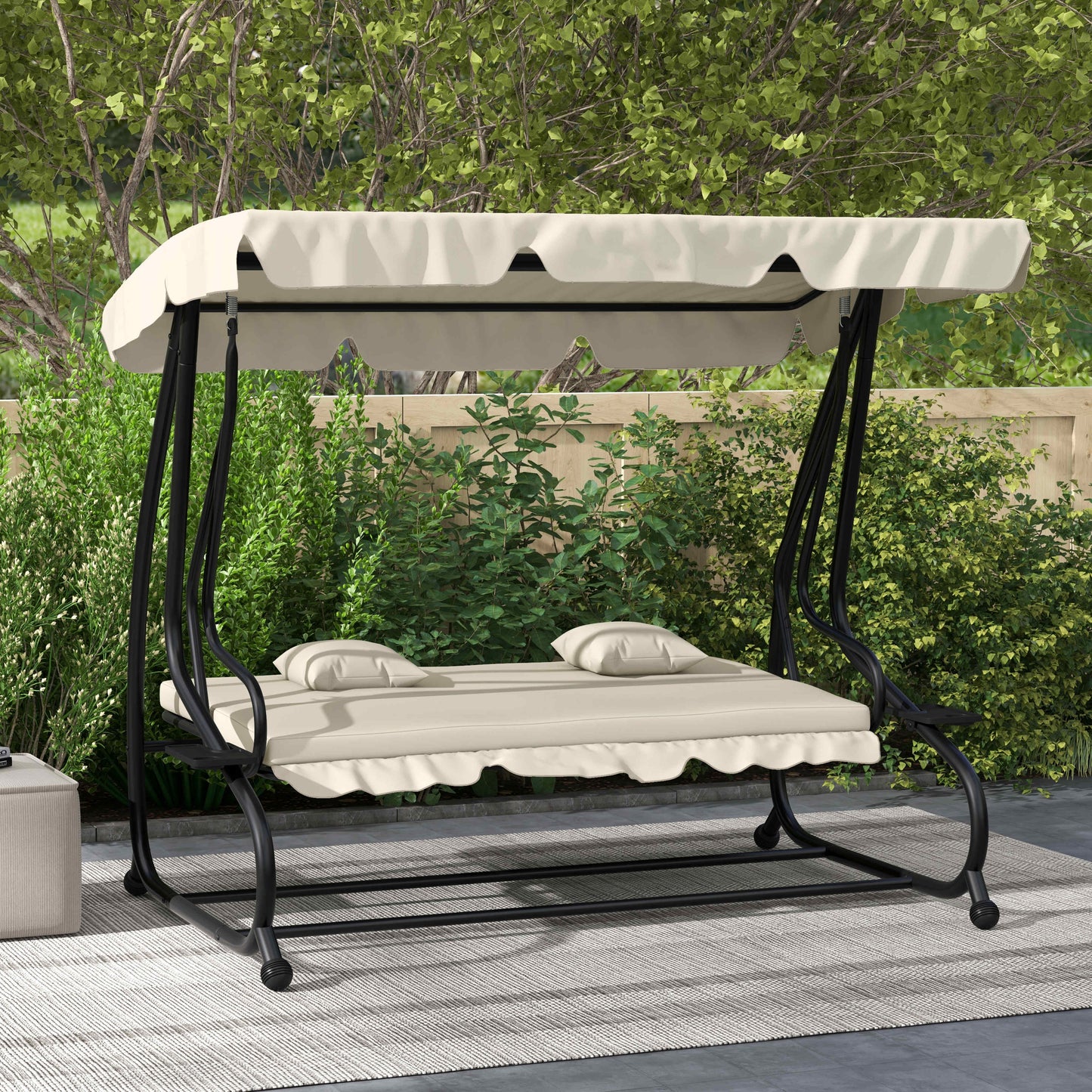 2-in-1 Garden Swing Seat Bed, 3 Seater Convertible Swing Chair Bench with Tilting Canopy, Cushioned Seat and 2 Pillows for Patio, Garden, Cream White