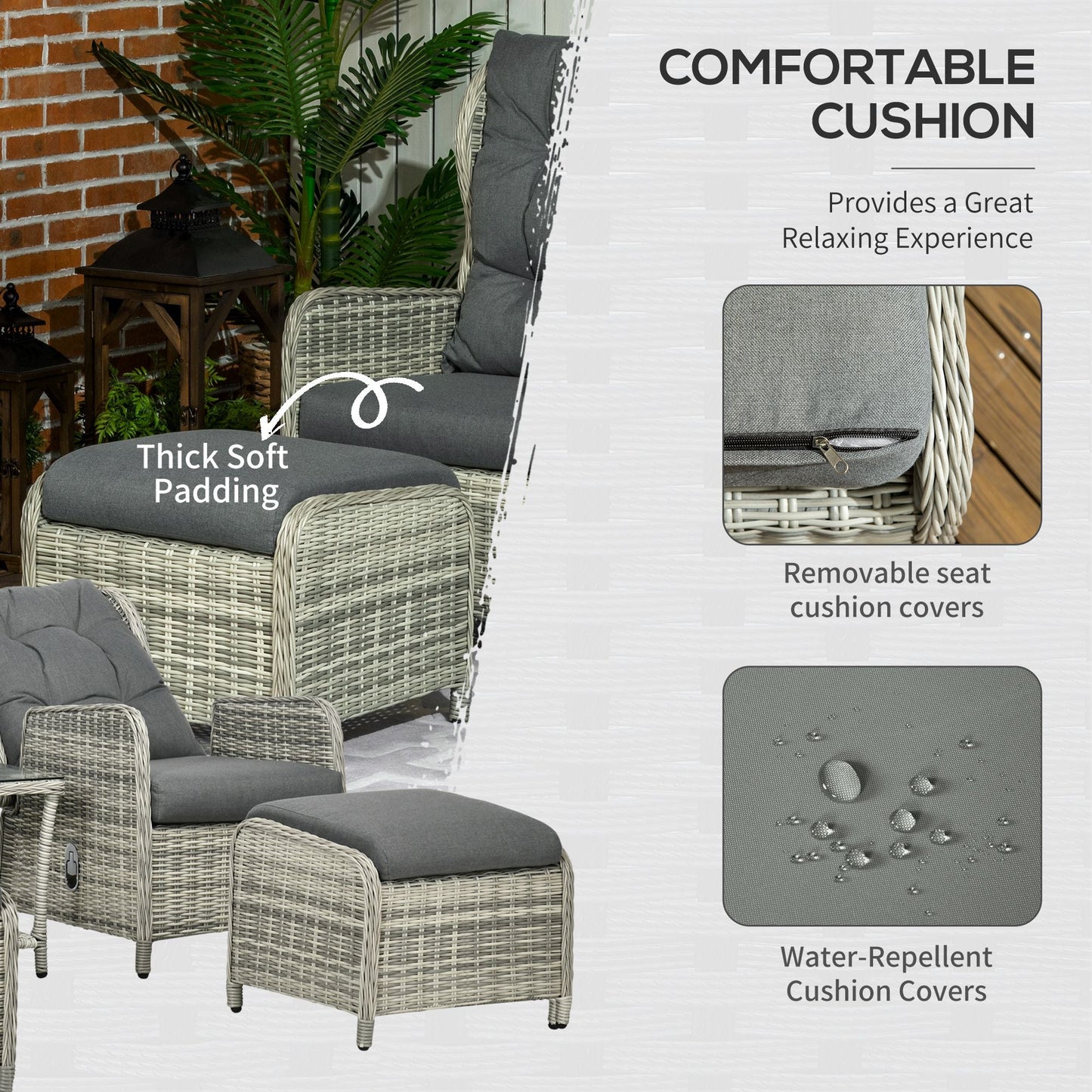 5 Pieces Rattan Bistro Set with Adjustable Back, Reclining Wicker Balcony Furniture with Cushions, Glass Top Coffee Table and Footstools, Outdoor Table and Chairs, Grey
