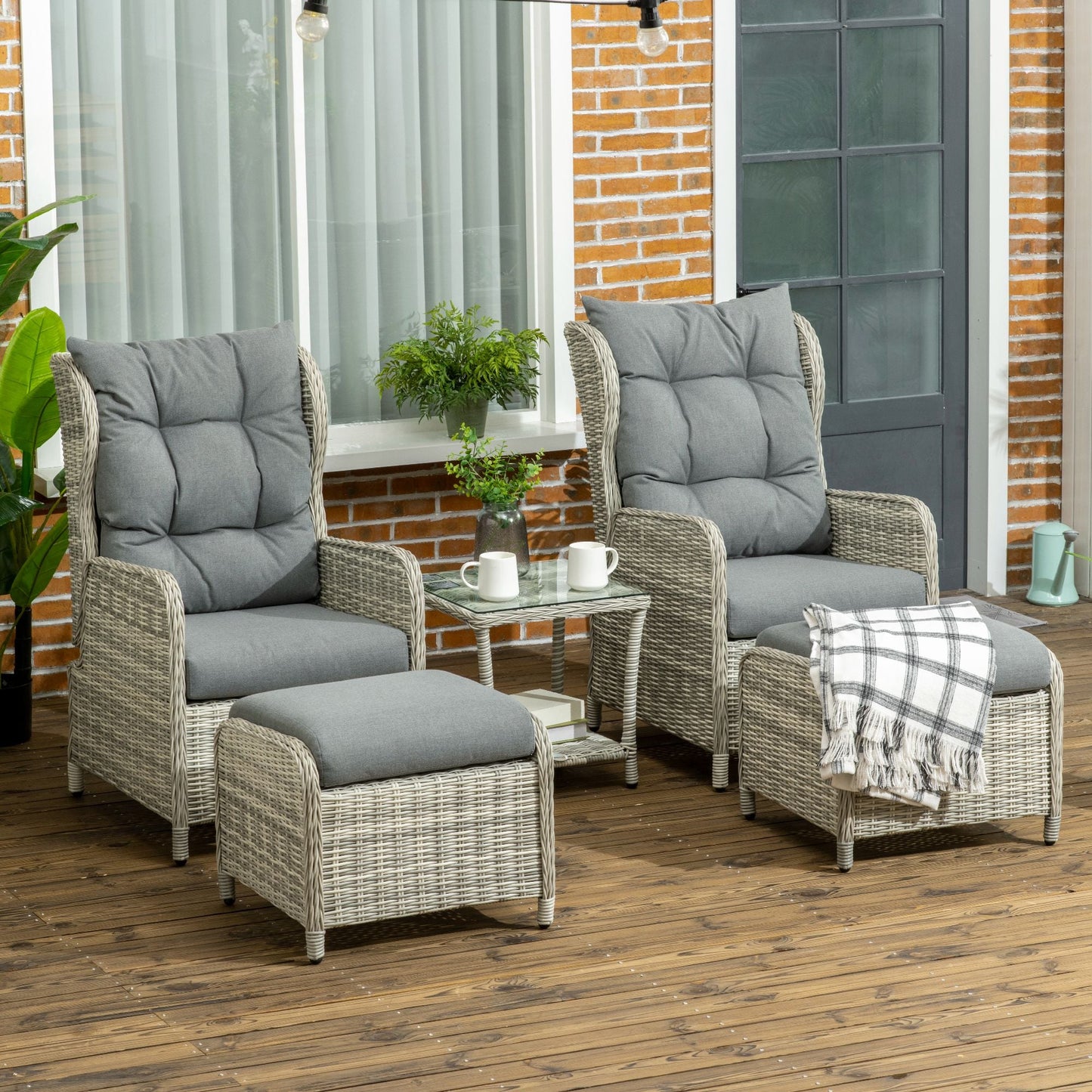 5 Pieces Rattan Bistro Set with Adjustable Back, Reclining Wicker Balcony Furniture with Cushions, Glass Top Coffee Table and Footstools, Outdoor Table and Chairs, Grey