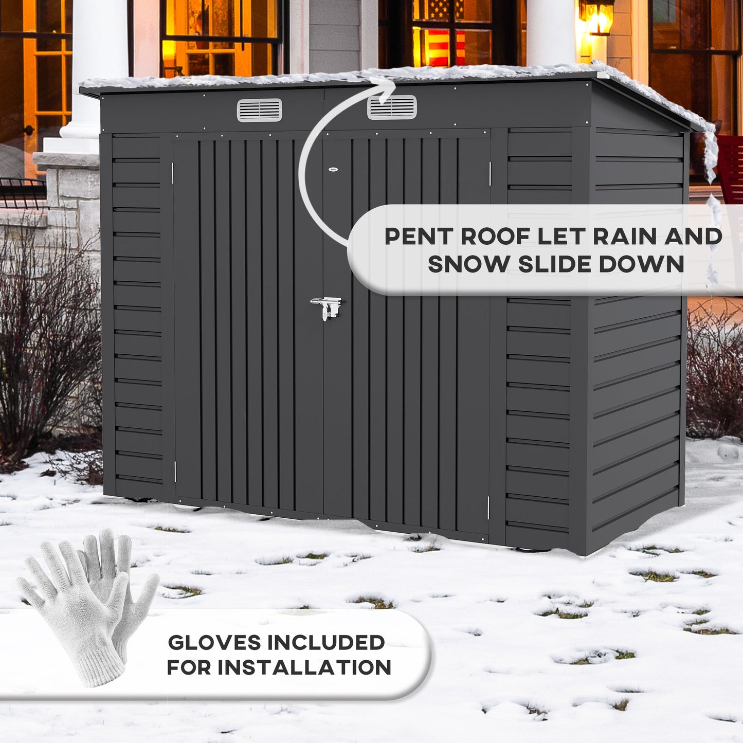 8 x 4FT Garden Shed. Galvanised Metal Shed, Outdoor Tool Storage Shed with Pent Roof, Lockable Door and 2 Vents, Grey