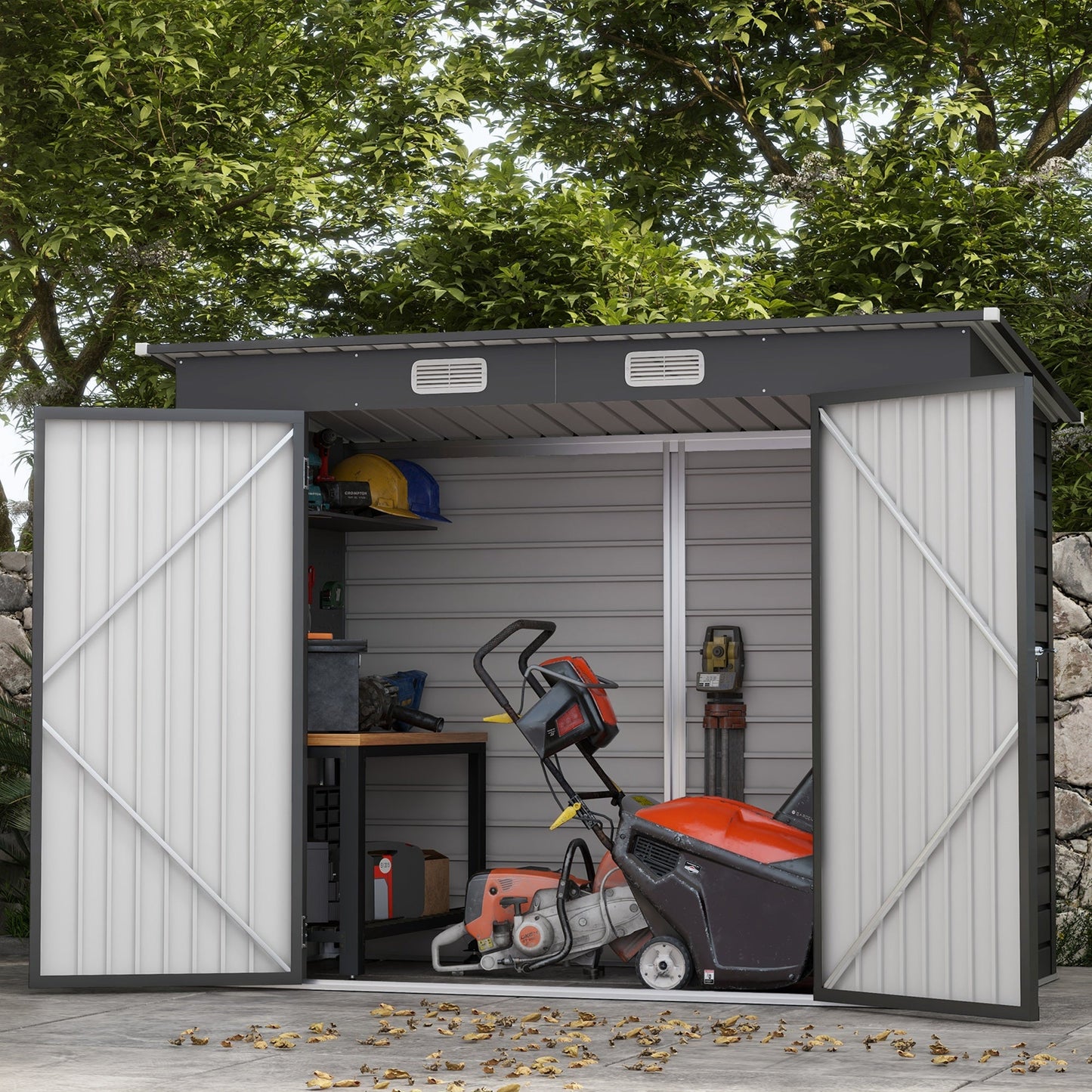 8 x 4FT Garden Shed. Galvanised Metal Shed, Outdoor Tool Storage Shed with Pent Roof, Lockable Door and 2 Vents, Grey