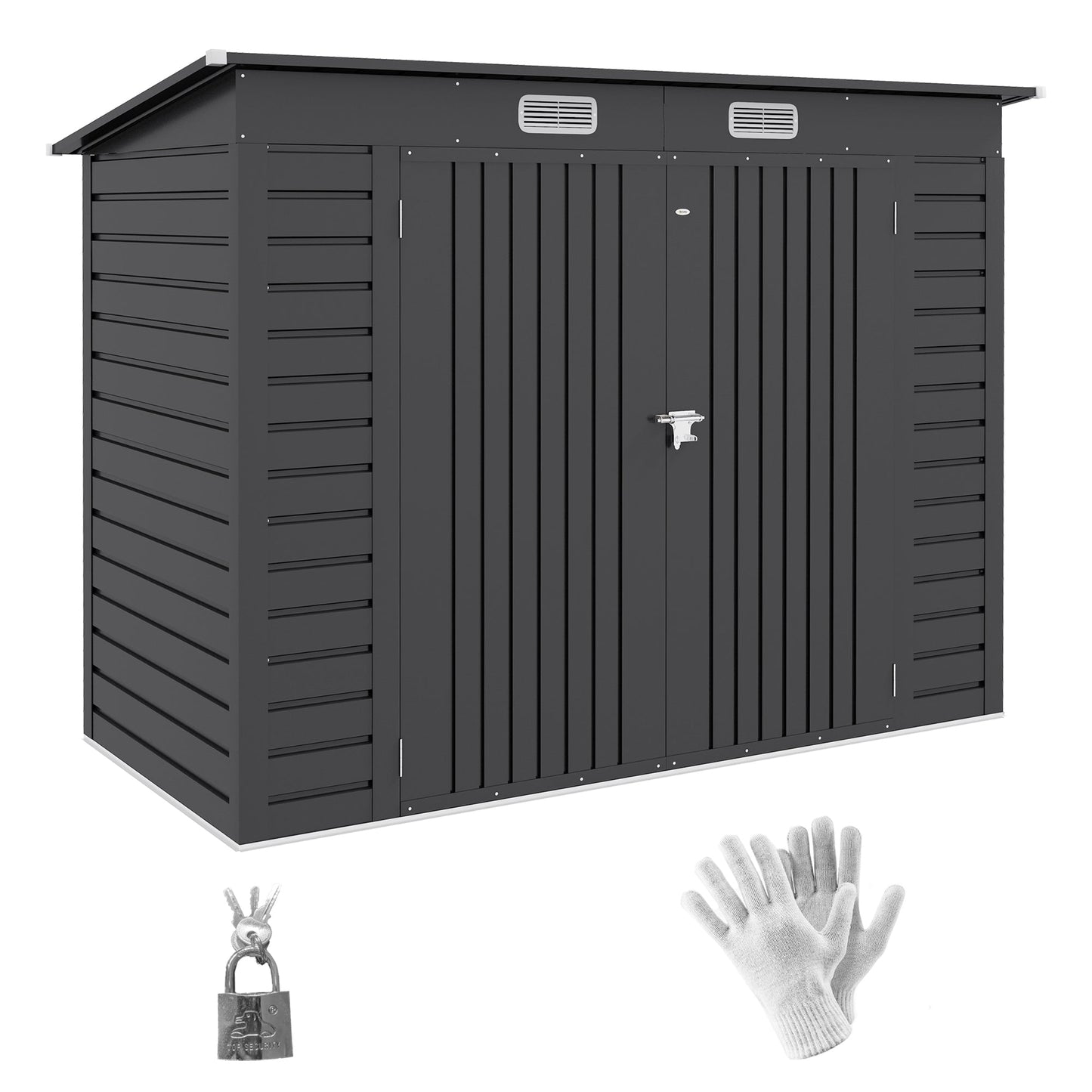 8 x 4FT Garden Shed. Galvanised Metal Shed, Outdoor Tool Storage Shed with Pent Roof, Lockable Door and 2 Vents, Grey