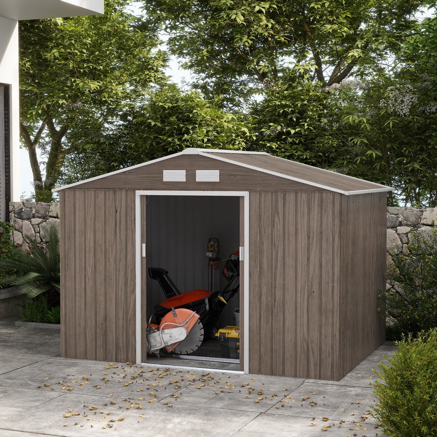 9 x 6ft Metal Garden Shed, Outdoor Storage Tool House with Ventilation Slots, Foundation Kit and Lockable Double Doors, Light Brown