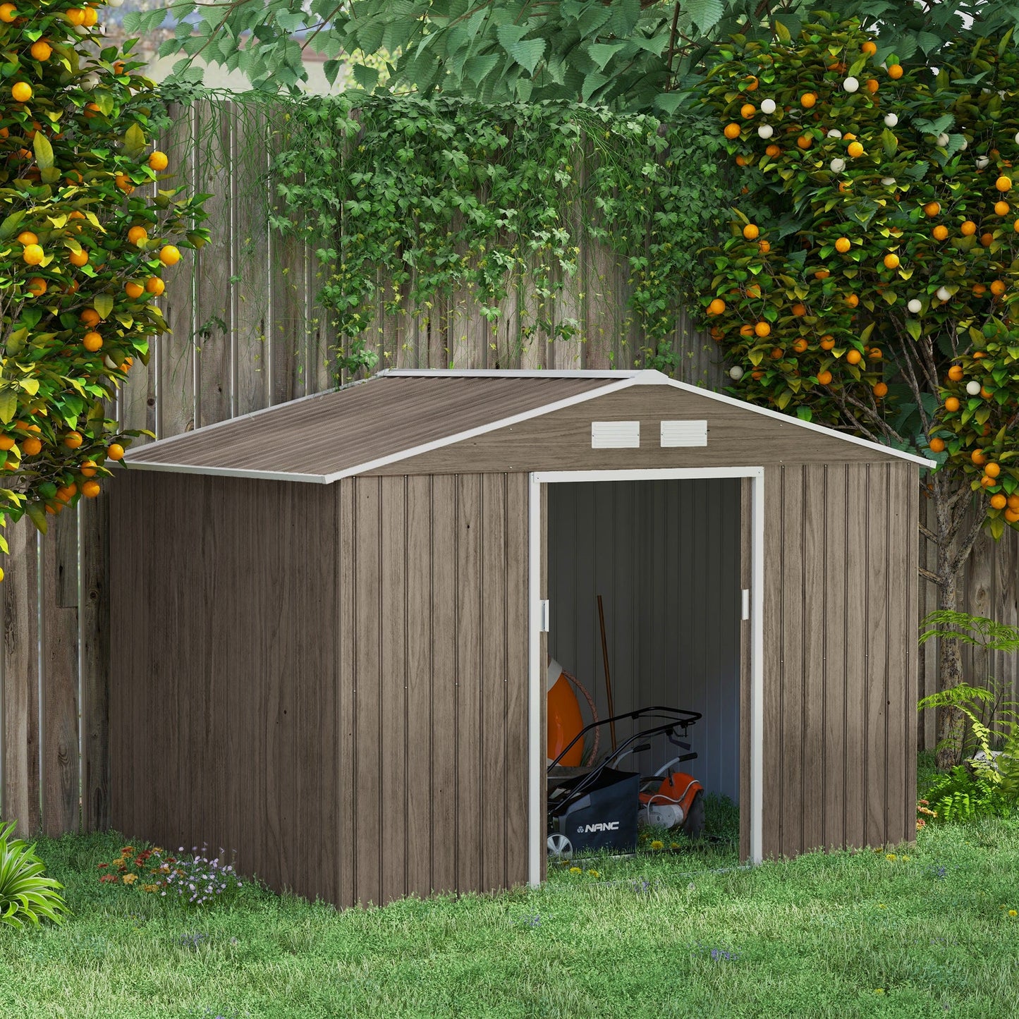 9 x 6ft Metal Garden Shed, Outdoor Storage Tool House with Ventilation Slots, Foundation Kit and Lockable Double Doors, Light Brown