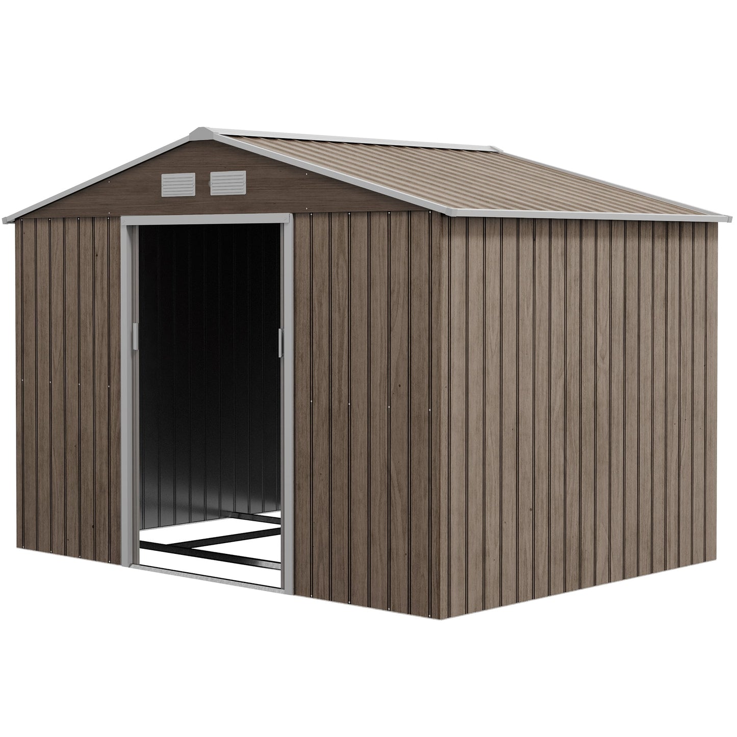 9 x 6ft Metal Garden Shed, Outdoor Storage Tool House with Ventilation Slots, Foundation Kit and Lockable Double Doors, Light Brown