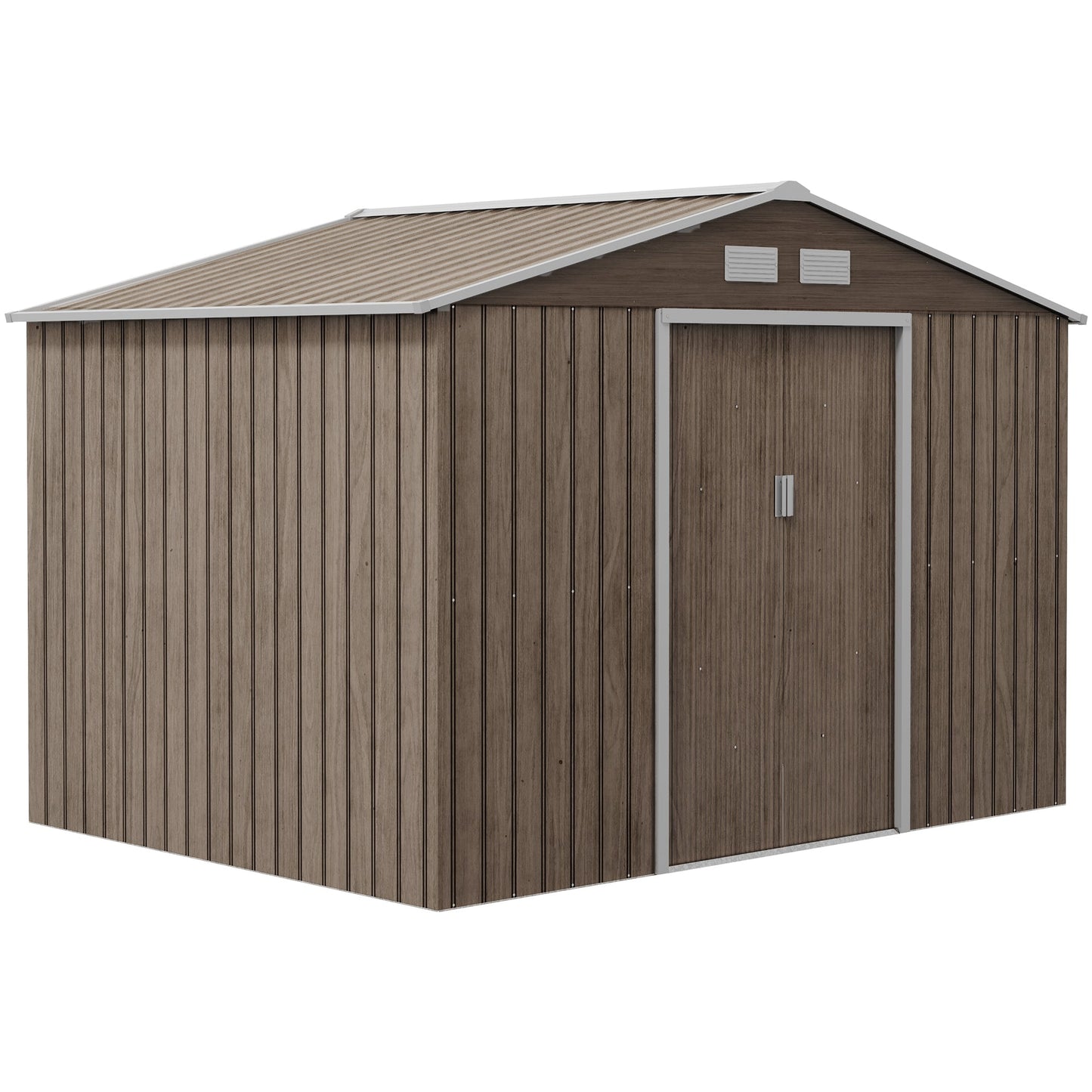 9 x 6ft Metal Garden Shed, Outdoor Storage Tool House with Ventilation Slots, Foundation Kit and Lockable Double Doors, Light Brown