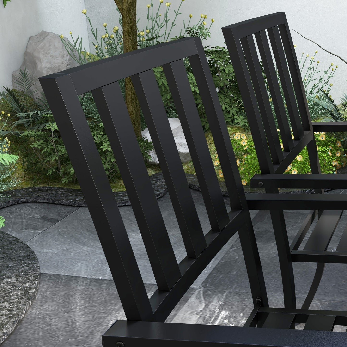 7 Pieces Patio Dining Set, 6 Seater Outdoor Table and Stackable Chairs with Umbrella Hole, Galvanised Steel Frame, Space Saving, for Poolside, Garden, Black