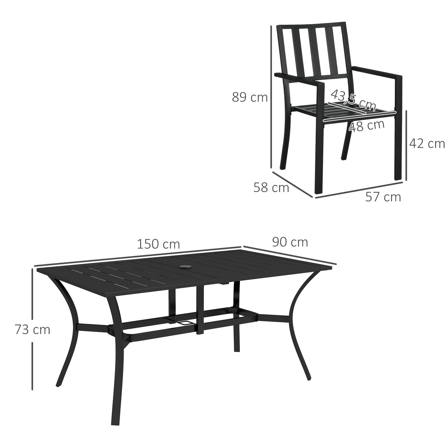7 Pieces Patio Dining Set, 6 Seater Outdoor Table and Stackable Chairs with Umbrella Hole, Galvanised Steel Frame, Space Saving, for Poolside, Garden, Black