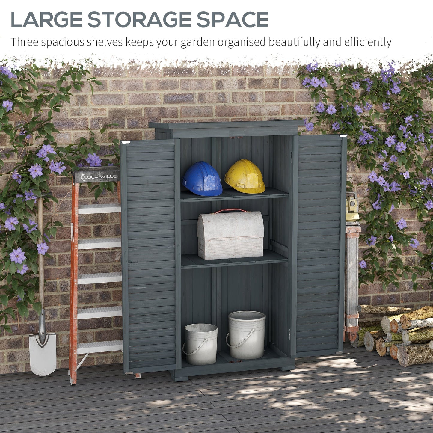 Small Shed, Wooden Garden Storage Shed, 3 Shelves Outdoor Tool Shed Cabinet with Asphalt Roof and Shutter Doors, 87cm x 47cm x 160cm, Grey
