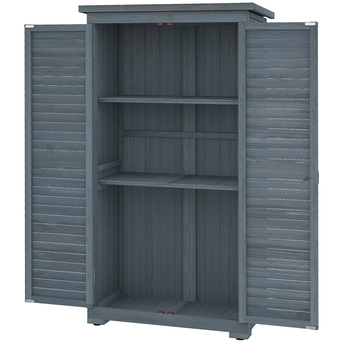 Small Shed, Wooden Garden Storage Shed, 3 Shelves Outdoor Tool Shed Cabinet with Asphalt Roof and Shutter Doors, 87cm x 47cm x 160cm, Grey