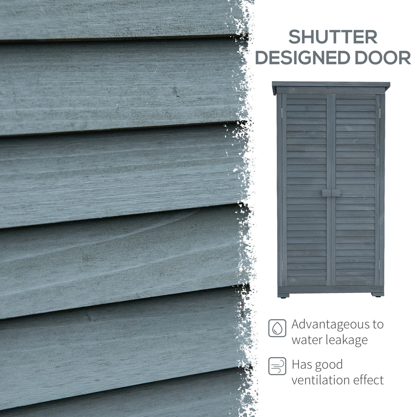 Small Shed, Wooden Garden Storage Shed, 3 Shelves Outdoor Tool Shed Cabinet with Asphalt Roof and Shutter Doors, 87cm x 47cm x 160cm, Grey