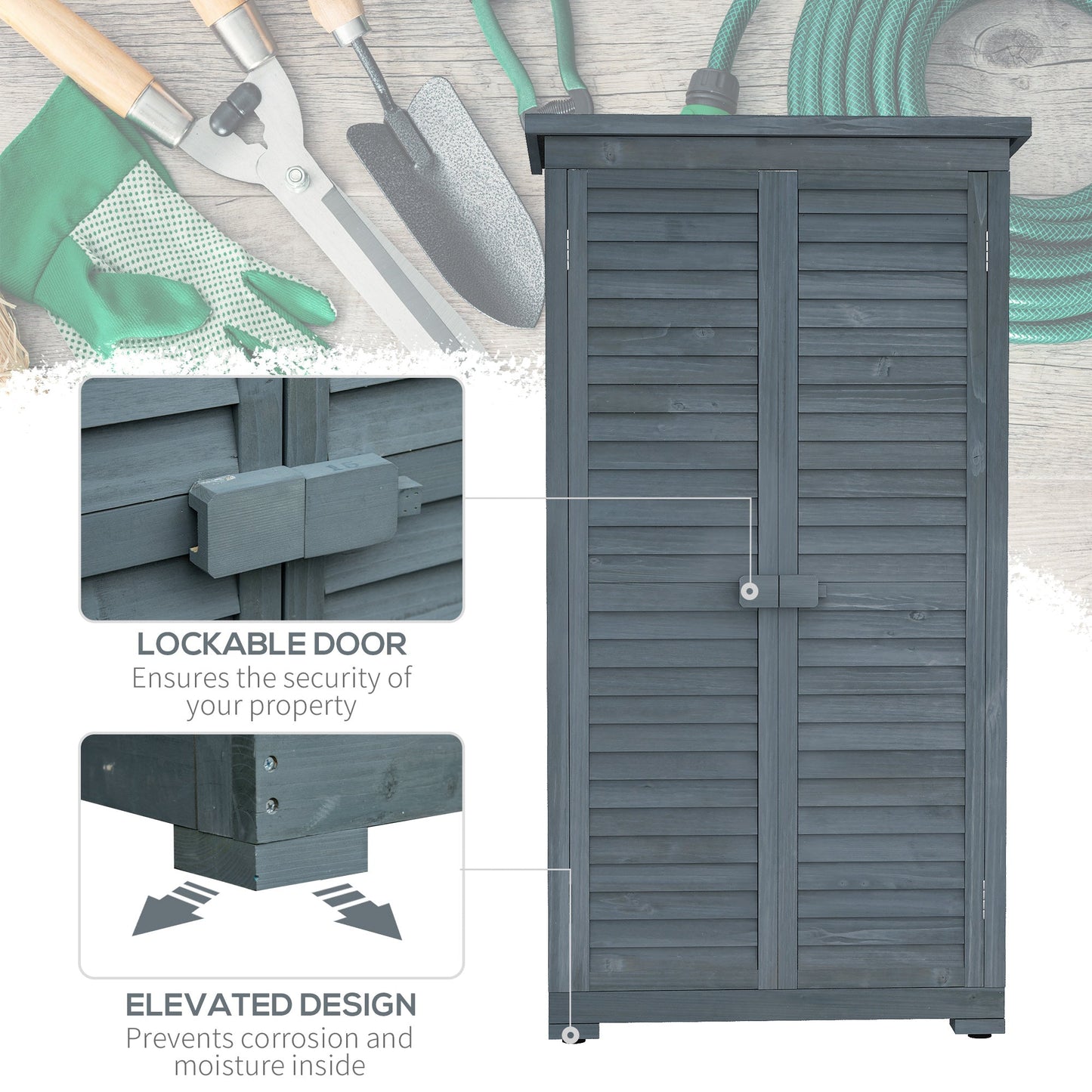 Small Shed, Wooden Garden Storage Shed, 3 Shelves Outdoor Tool Shed Cabinet with Asphalt Roof and Shutter Doors, 87cm x 47cm x 160cm, Grey